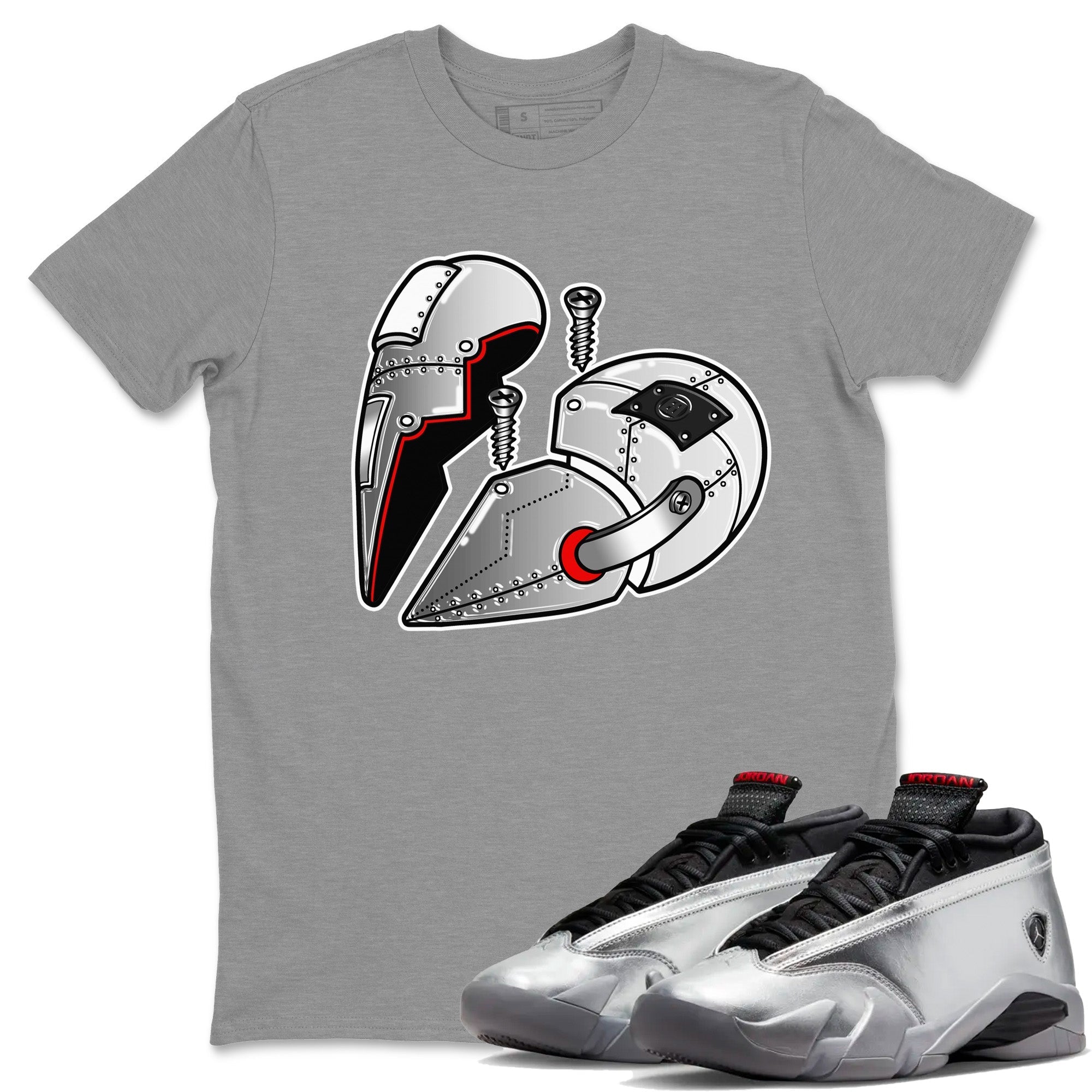 Air Jordan 14 Metallic Silver Metal Heart Crew Neck Streetwear Sneaker Shirt Jordan 14 WMNS Metallic Silver Sneaker T-Shirts Size Chart