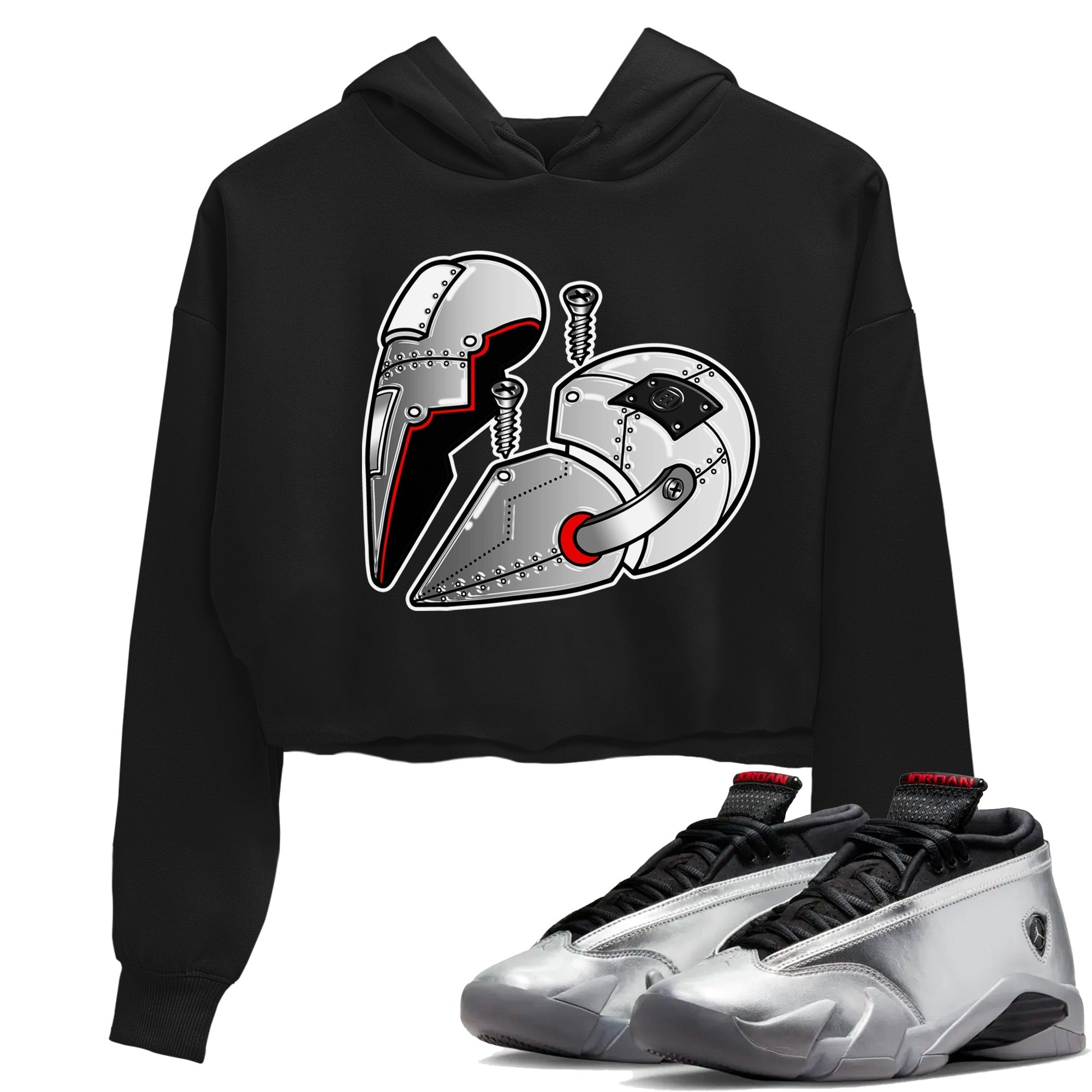 Air Jordan 14 Metallic Silver Sneaker Match Tees Metal Heart Streetwear Sneaker Shirt Jordan 14 WMNS Metallic Silver Sneaker Release Tees Women's Shirts Black 1