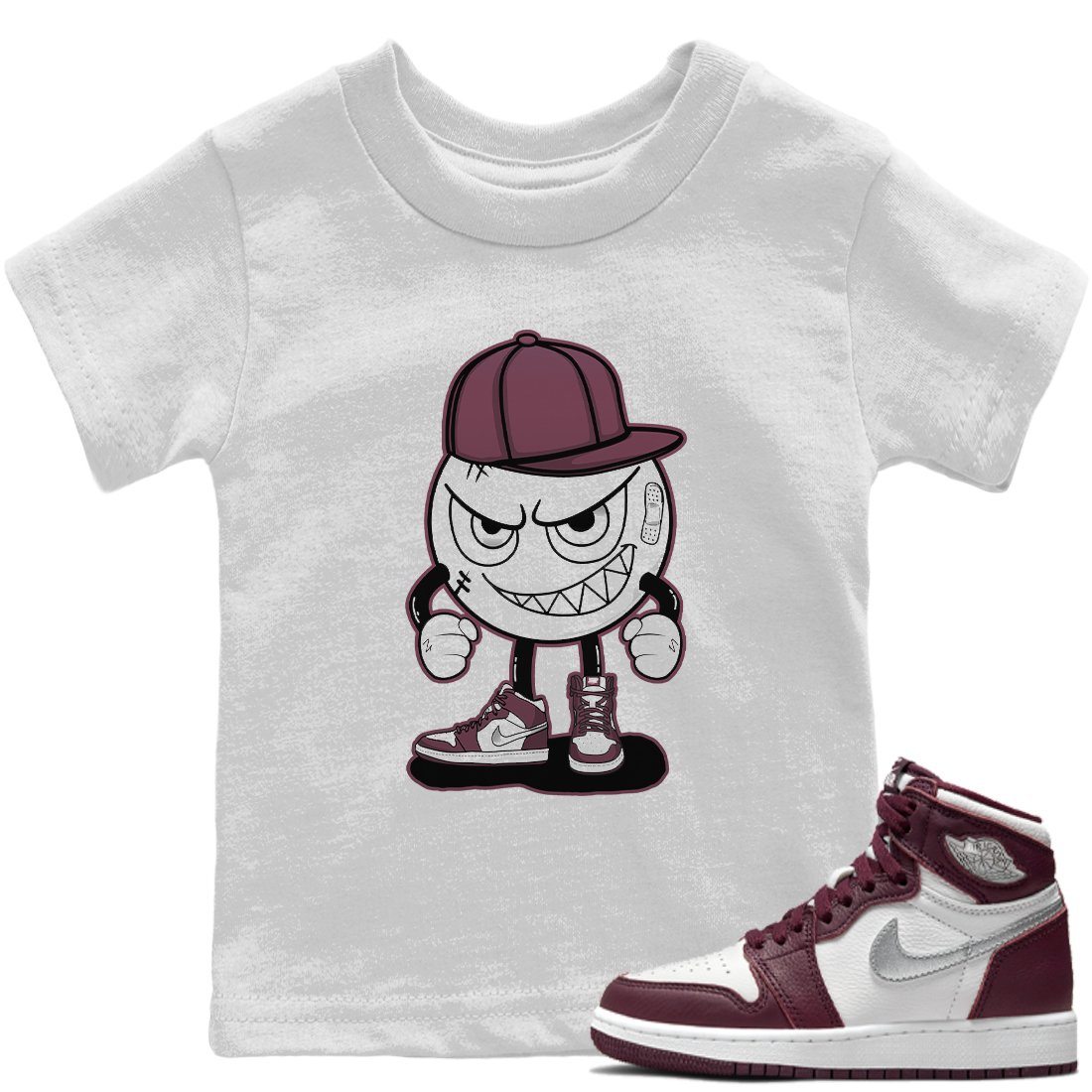 Jordan 1 Bordeaux Sneaker Matching T-Shirt Mischief Emoji Sneaker Tees Jordan 1 Bordeaux Sneaker Release Tees Kids Shirts