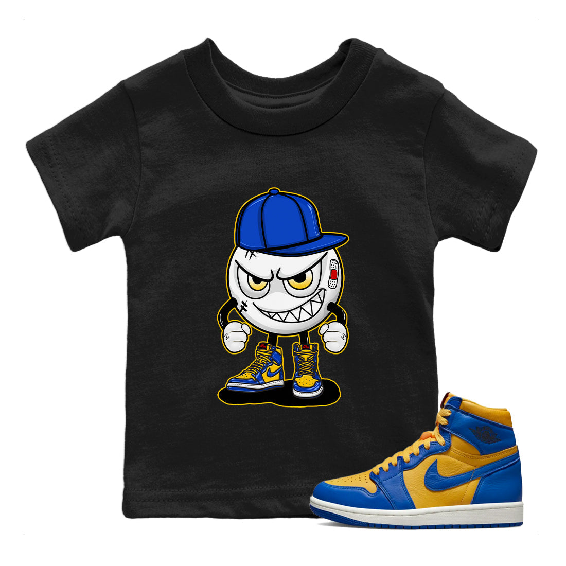 Jordan 1 Game Royal and Varsity Maize Sneaker Matching T-Shirt Mischief Emoji Sneaker Tees Jordan 1 Game Royal and Varsity Maize Sneaker Release Tees Kids Shirts