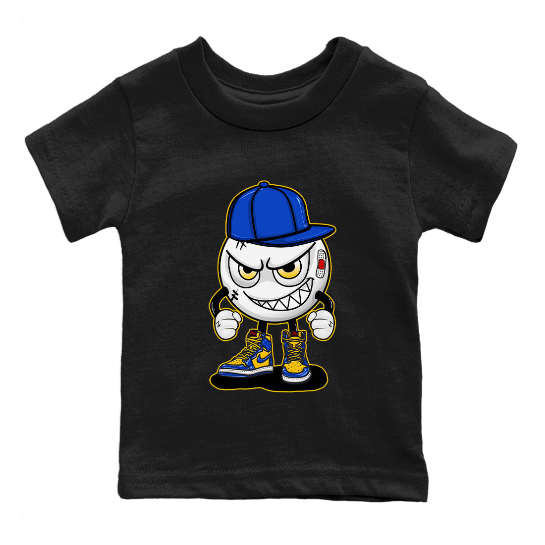 Jordan 1 Game Royal and Varsity Maize Sneaker Matching T-Shirt Mischief Emoji Sneaker Tees Jordan 1 Game Royal and Varsity Maize Sneaker Release Tees Kids Shirts