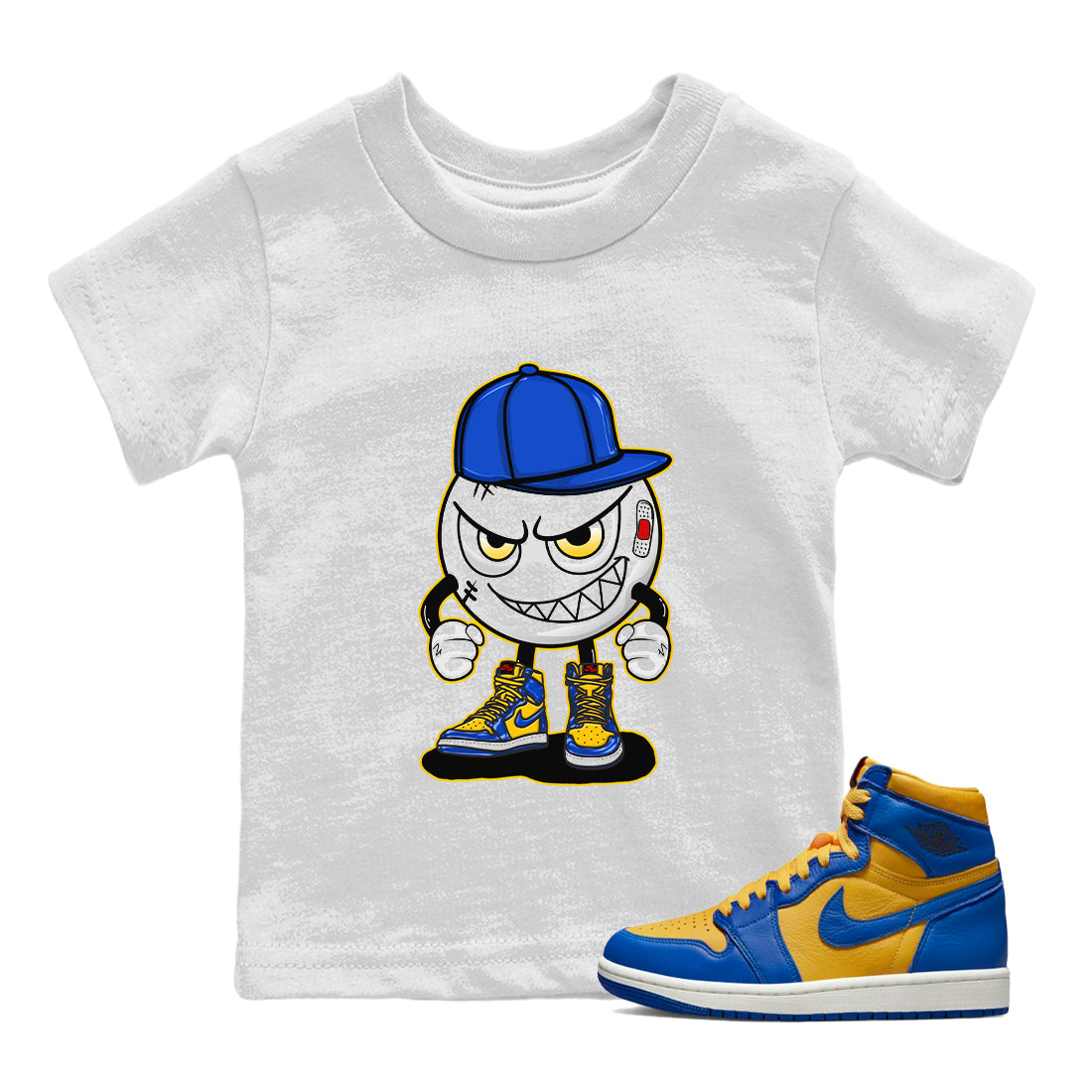 Jordan 1 Game Royal and Varsity Maize Sneaker Matching T-Shirt Mischief Emoji Sneaker Tees Jordan 1 Game Royal and Varsity Maize Sneaker Release Tees Kids Shirts