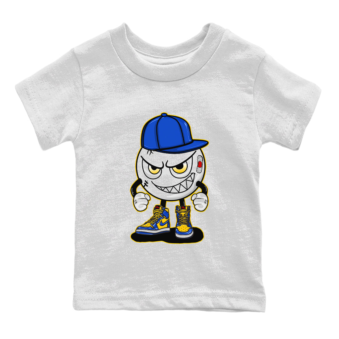 Jordan 1 Game Royal and Varsity Maize Sneaker Matching T-Shirt Mischief Emoji Sneaker Tees Jordan 1 Game Royal and Varsity Maize Sneaker Release Tees Kids Shirts