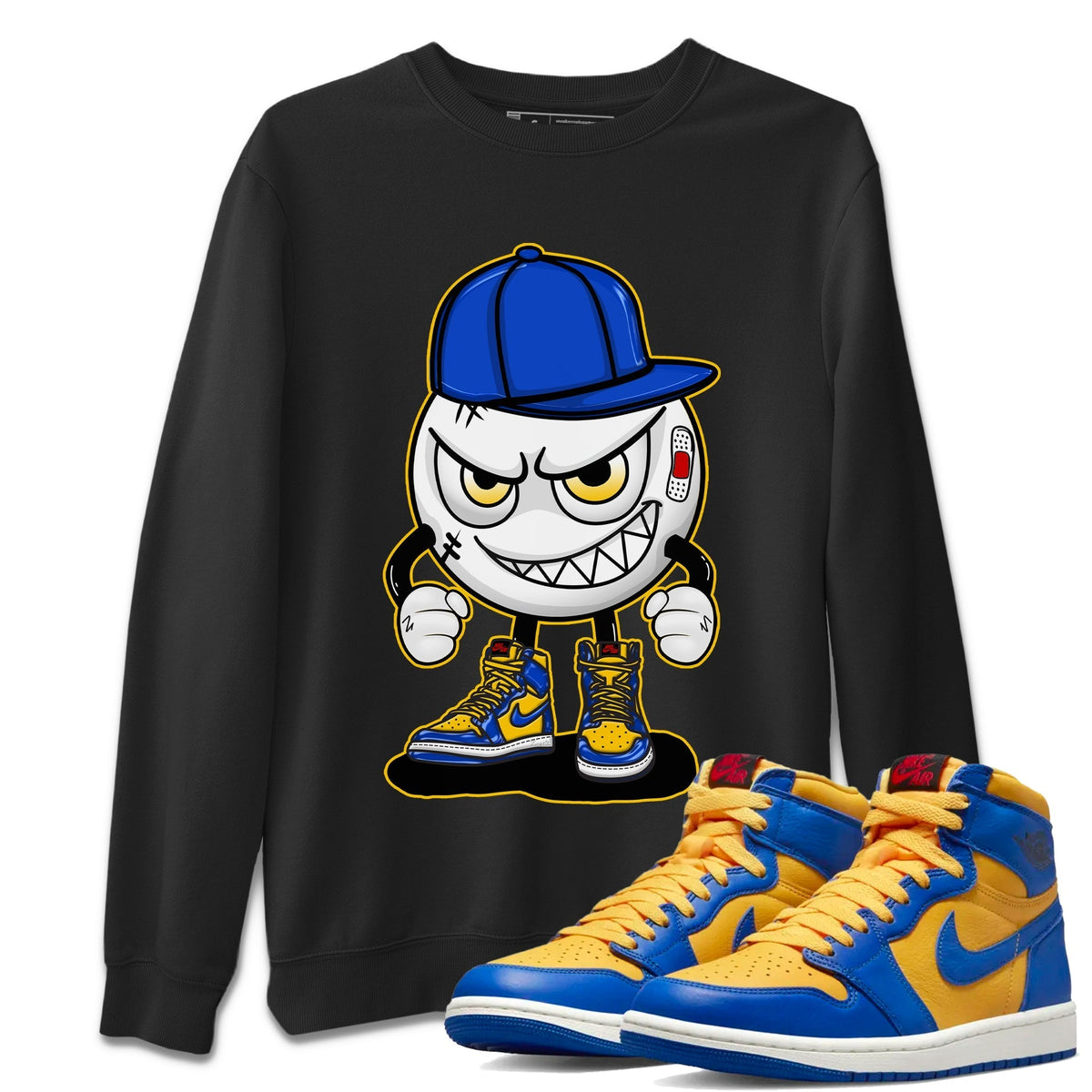 Jordan 1 Game Royal and Varsity Maize Sneaker Matching T-Shirt Mischief Emoji Sneaker Tees Jordan 1 Game Royal and Varsity Maize Sneaker Release Tees Crew Neck Tees