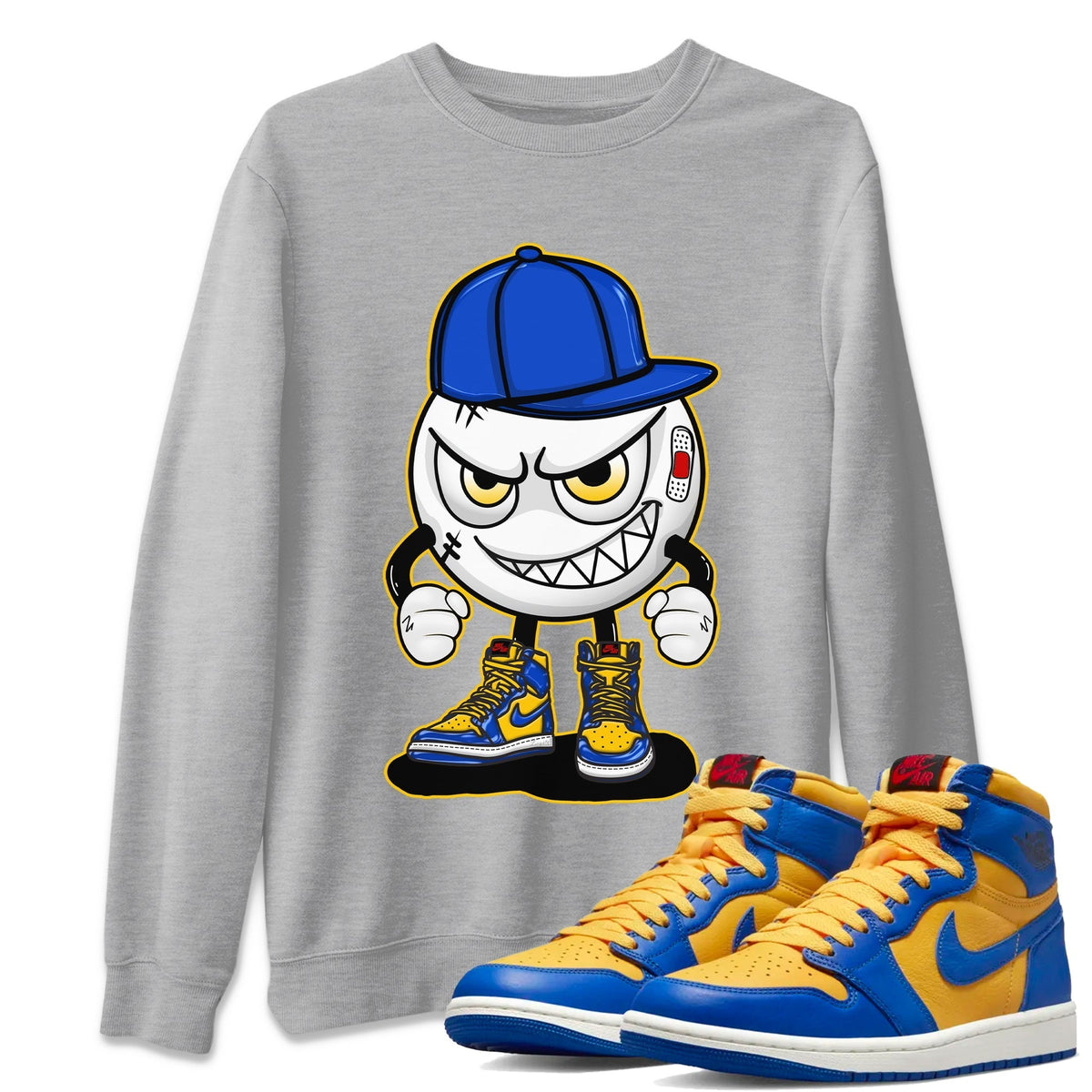 Jordan 1 Game Royal and Varsity Maize Sneaker Matching T-Shirt Mischief Emoji Sneaker Tees Jordan 1 Game Royal and Varsity Maize Sneaker Release Tees Crew Neck Tees