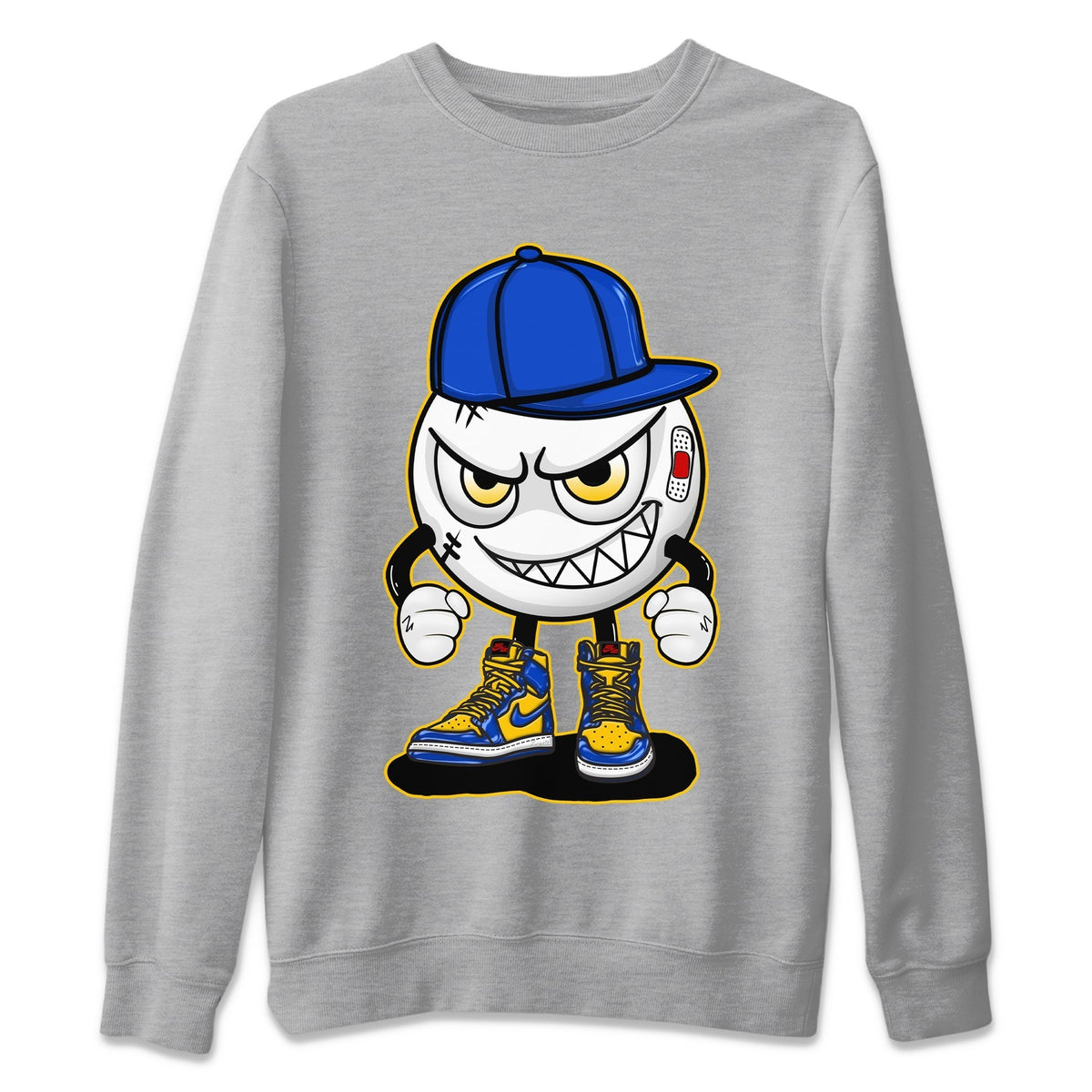 Jordan 1 Game Royal and Varsity Maize Sneaker Matching T-Shirt Mischief Emoji Sneaker Tees Jordan 1 Game Royal and Varsity Maize Sneaker Release Tees Crew Neck Tees