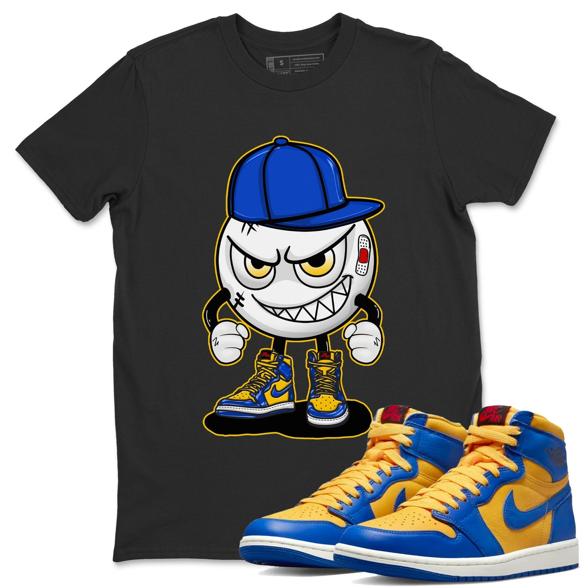 Jordan 1 Game Royal and Varsity Maize Sneaker Matching T-Shirt Mischief Emoji Sneaker Tees Jordan 1 Game Royal and Varsity Maize Sneaker Release Tees Crew Neck Tees