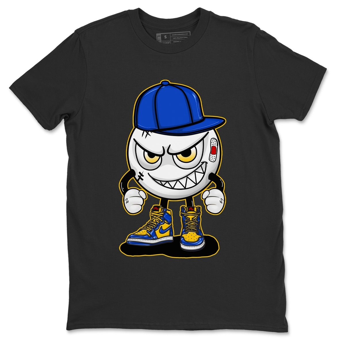 Jordan 1 Game Royal and Varsity Maize Sneaker Matching T-Shirt Mischief Emoji Sneaker Tees Jordan 1 Game Royal and Varsity Maize Sneaker Release Tees Crew Neck Tees