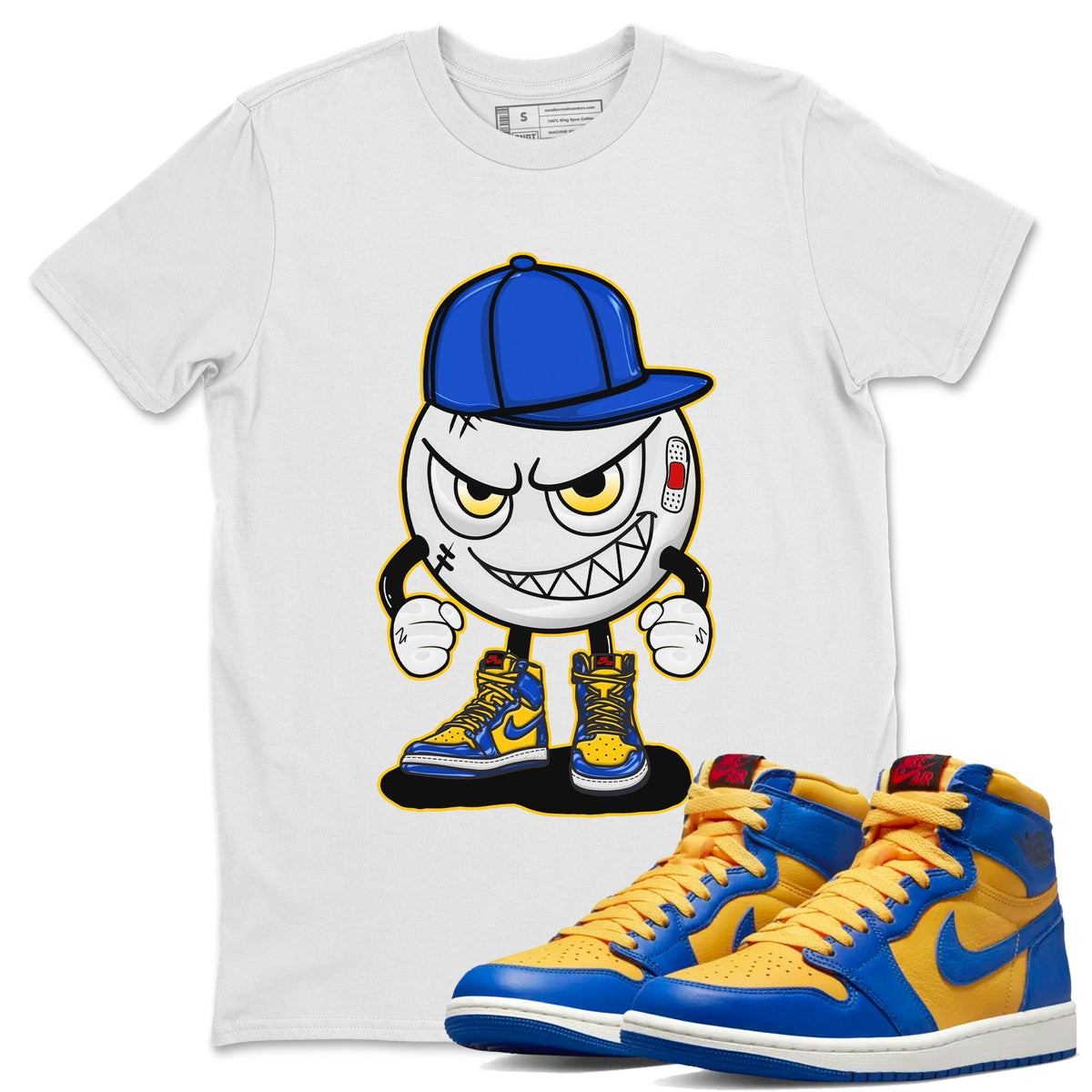 Jordan 1 Game Royal and Varsity Maize Sneaker Matching T-Shirt Mischief Emoji Sneaker Tees Jordan 1 Game Royal and Varsity Maize Sneaker Release Tees Crew Neck Tees