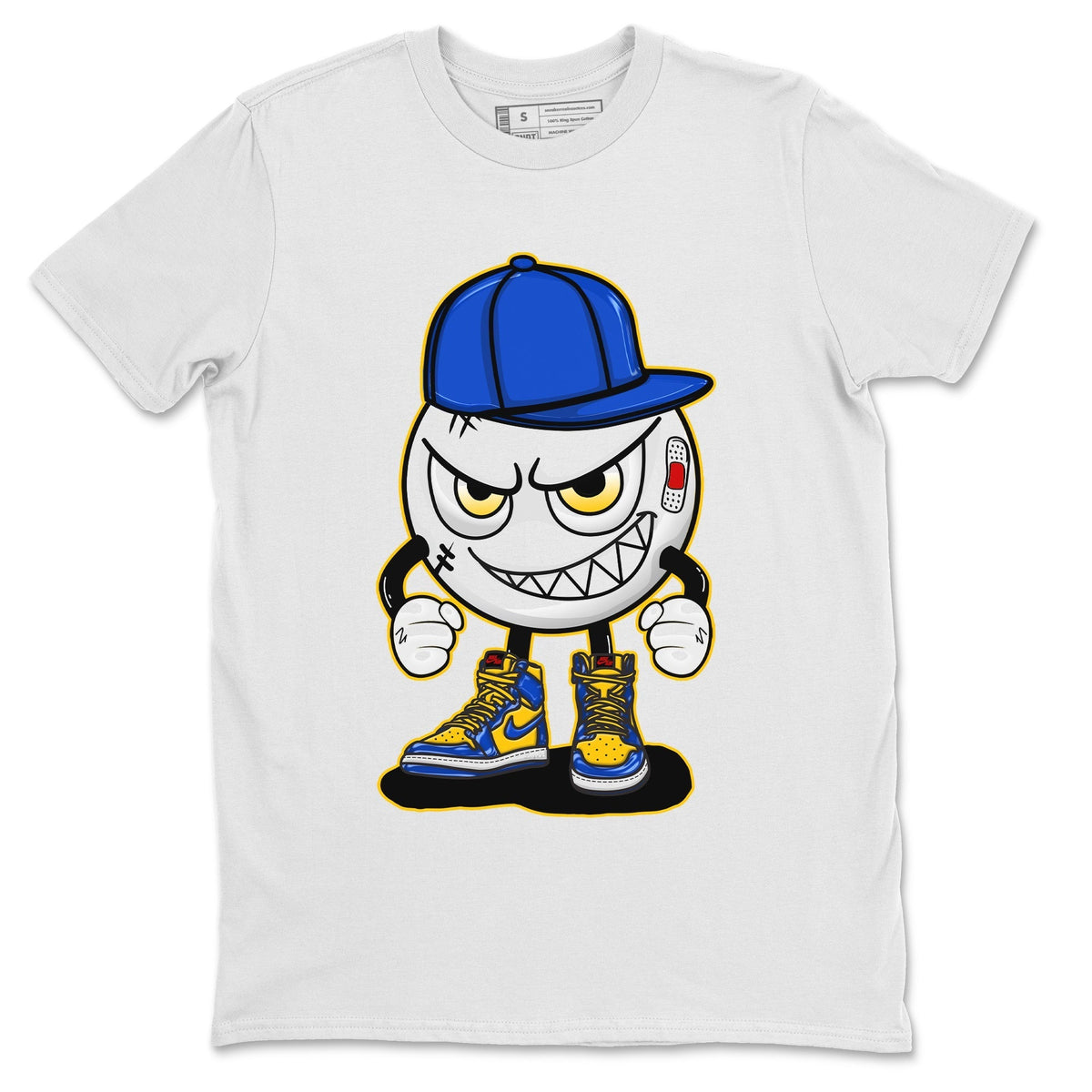 Jordan 1 Game Royal and Varsity Maize Sneaker Matching T-Shirt Mischief Emoji Sneaker Tees Jordan 1 Game Royal and Varsity Maize Sneaker Release Tees Crew Neck Tees