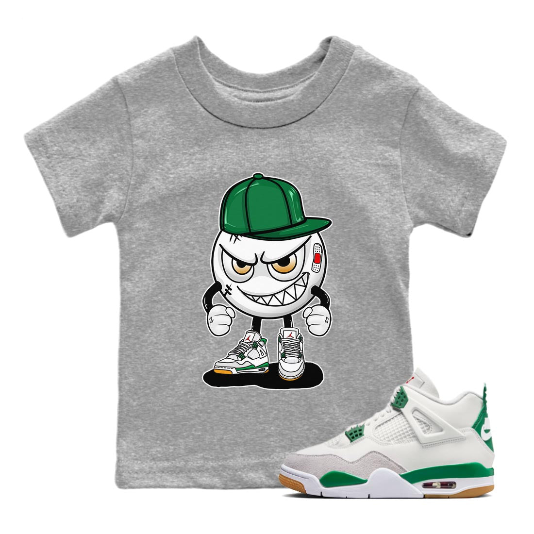 Air Jordan 4 Pine Green Sneaker Match Tees Mischief Emoji Streetwear Sneaker Shirt AJ 4s Pine Green Sneaker Release Tees Kids Shirts Heather Grey 1