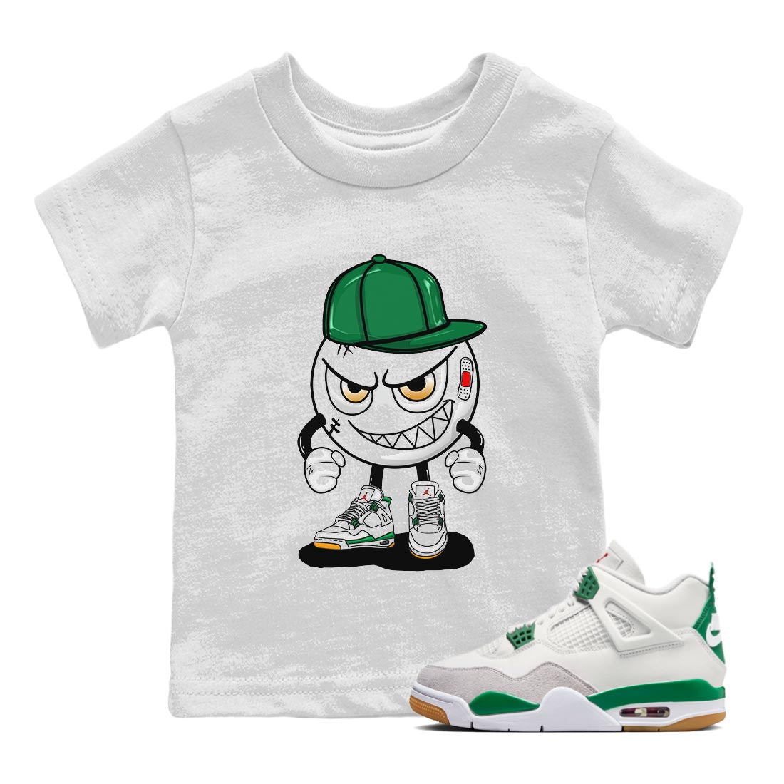 Air Jordan 4 Pine Green Sneaker Match Tees Mischief Emoji Streetwear Sneaker Shirt AJ 4s Pine Green Sneaker Release Tees Kids Shirts White 1