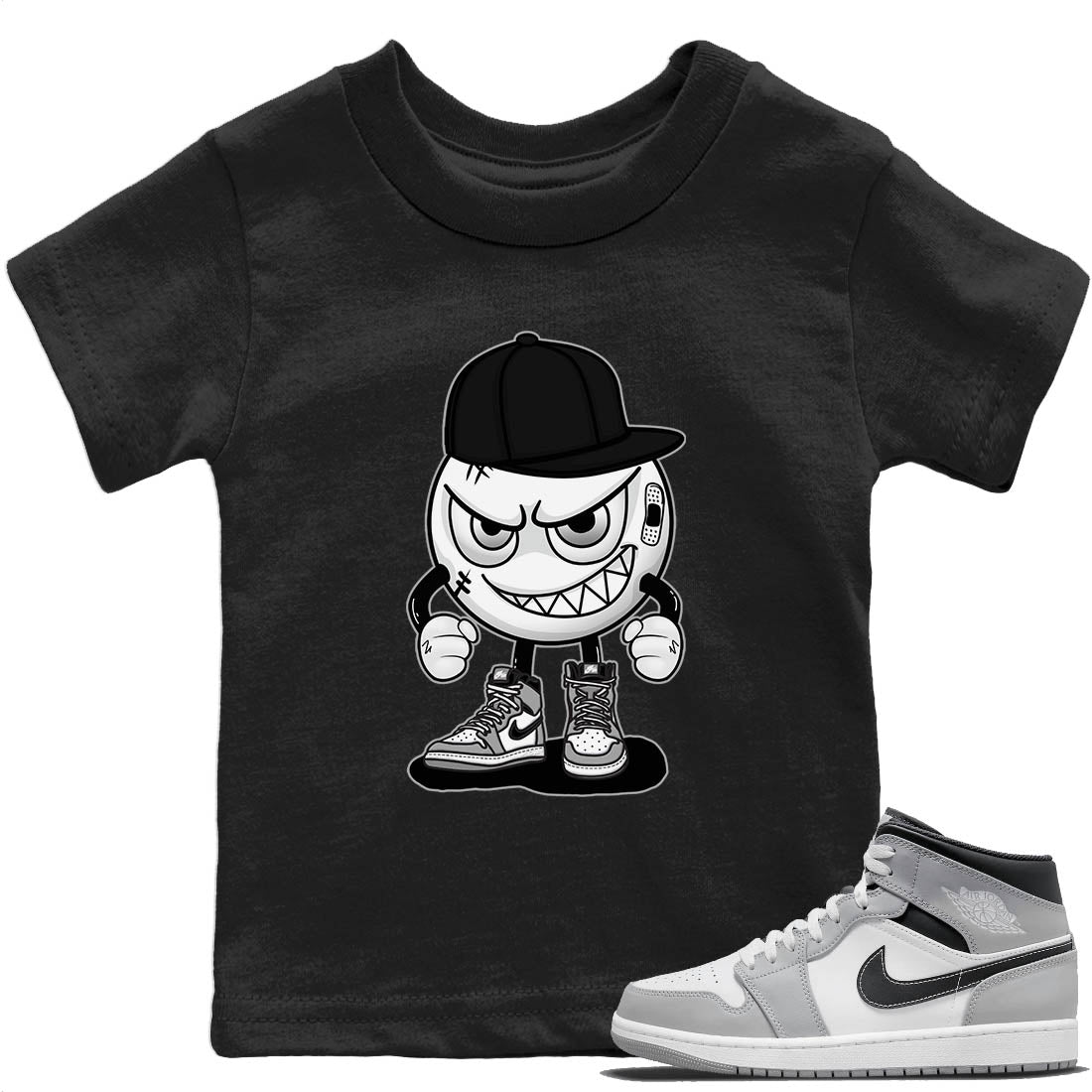 Jordan 1 Light Smoke Grey Sneaker Matching T-Shirt Mischief Emoji Sneaker Tees Jordan 1 Light Smoke Grey Sneaker Release Tees Kids Shirts
