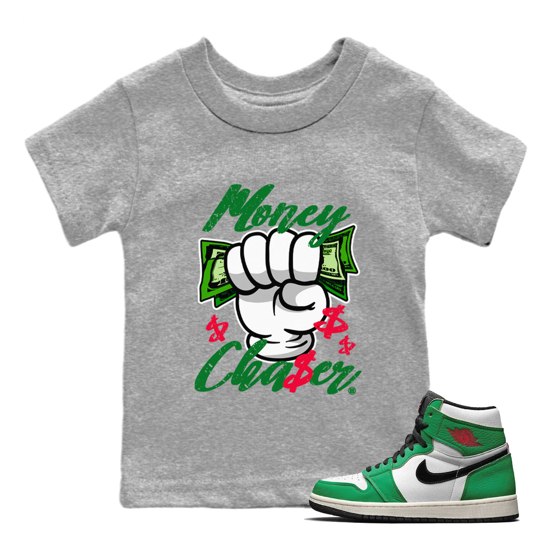 1s Lucky Green Sneaker Match Tees Money Chaser Streetwear Sneaker Shirt Air Jordan 1 Lucky Green Sneaker Release Tees Kids Shirts Heather Grey 1
