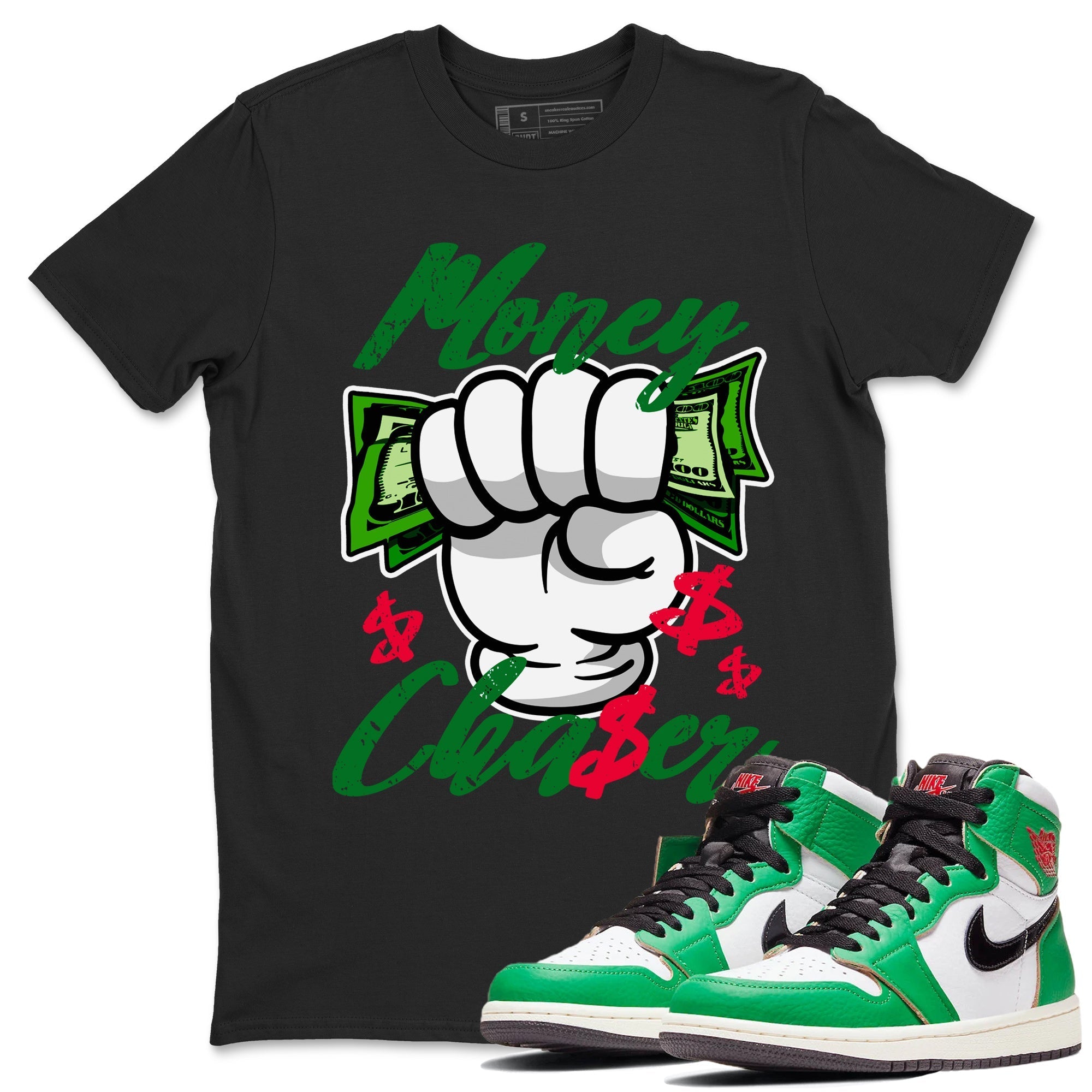 1s Lucky Green Sneaker Match Tees Money Chaser Streetwear Sneaker Shirt Air Jordan 1 Lucky Green Sneaker Release Tees Unisex Shirts Black 1