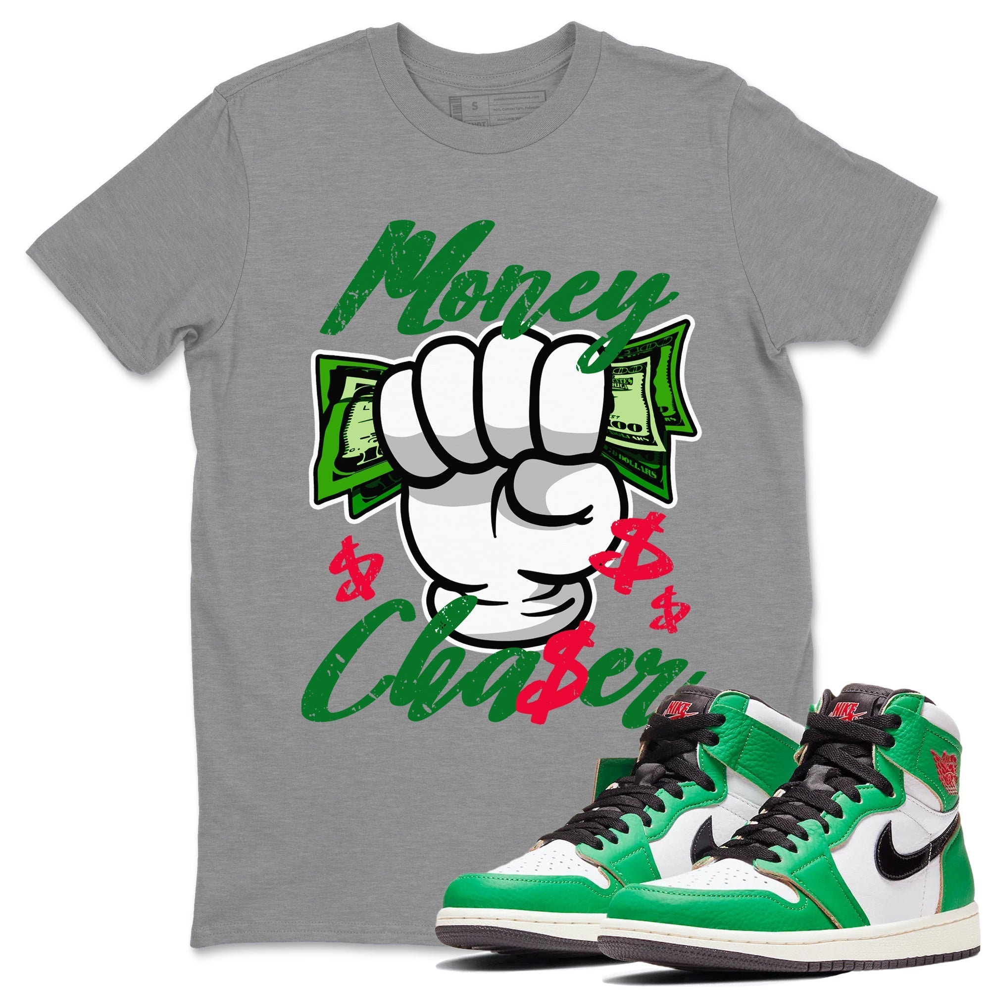 1s Lucky Green Sneaker Match Tees Money Chaser Streetwear Sneaker Shirt Air Jordan 1 Lucky Green Sneaker Release Tees Unisex Shirts Heather Grey 1