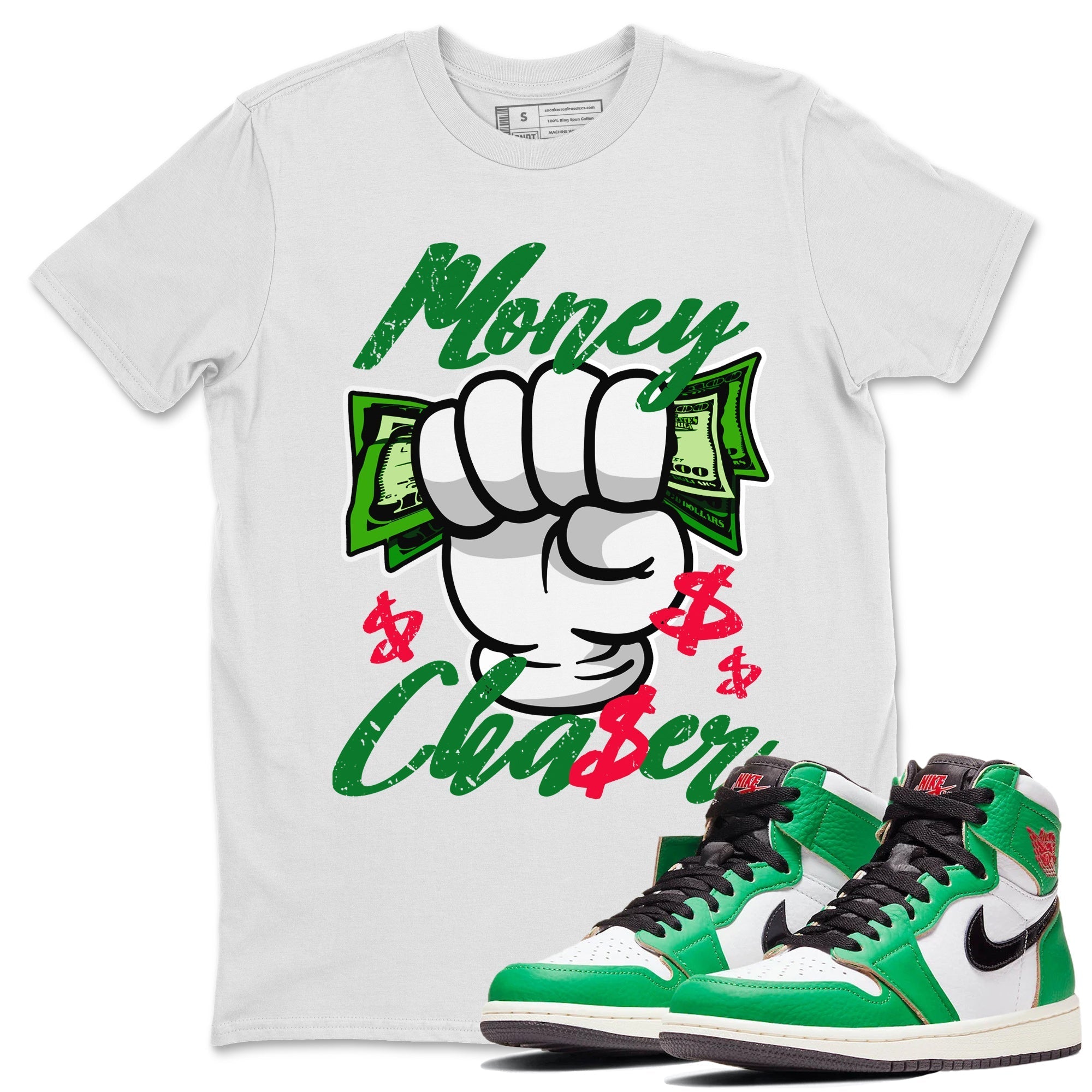 1s Lucky Green Sneaker Match Tees Money Chaser Streetwear Sneaker Shirt Air Jordan 1 Lucky Green Sneaker Release Tees Unisex Shirts White 1