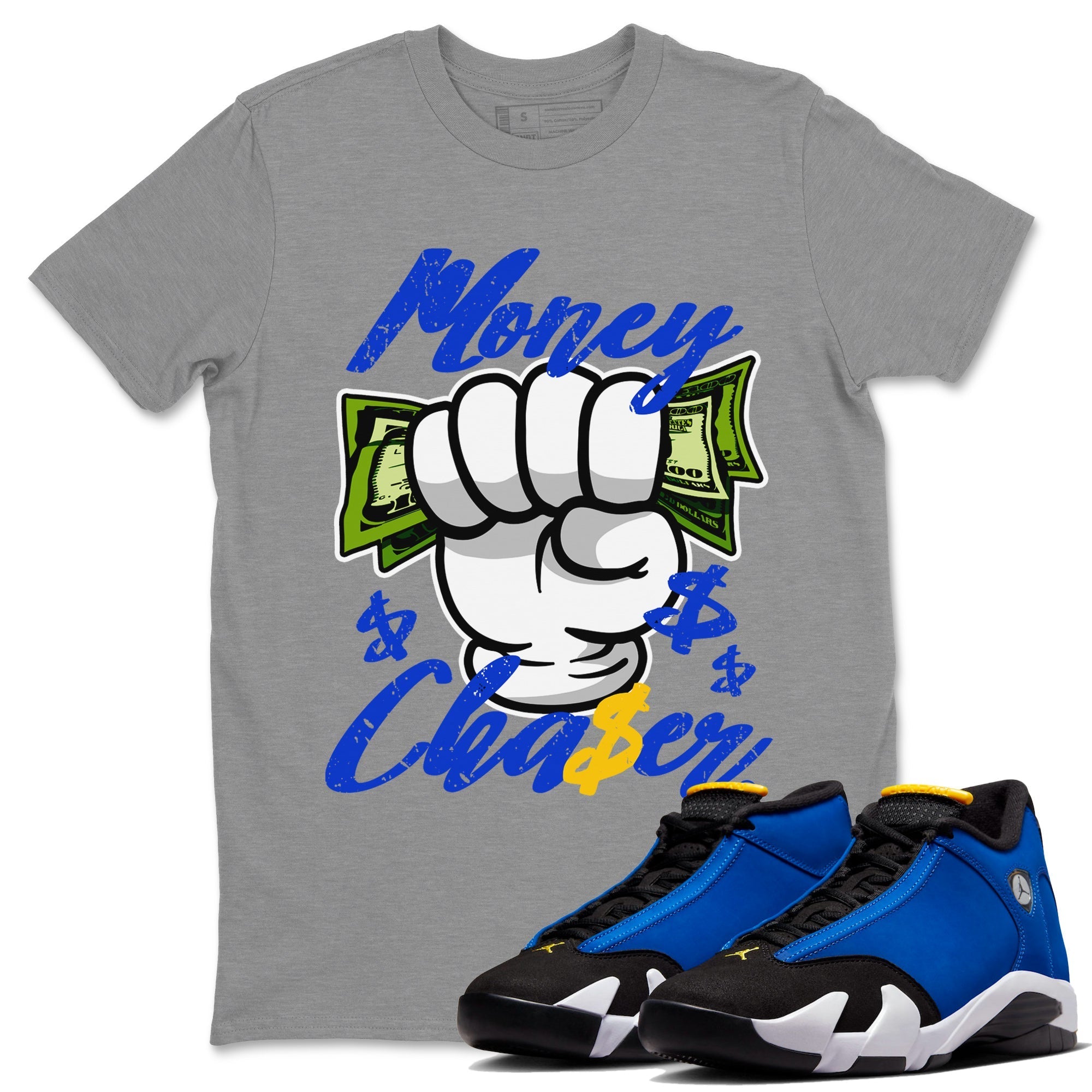 14 Laney Sneaker Match Tees Money Chaser Streetwear Sneaker Shirt Air Jordan 14 Laney Sneaker Release Tees Unisex Shirts Heather Grey 1