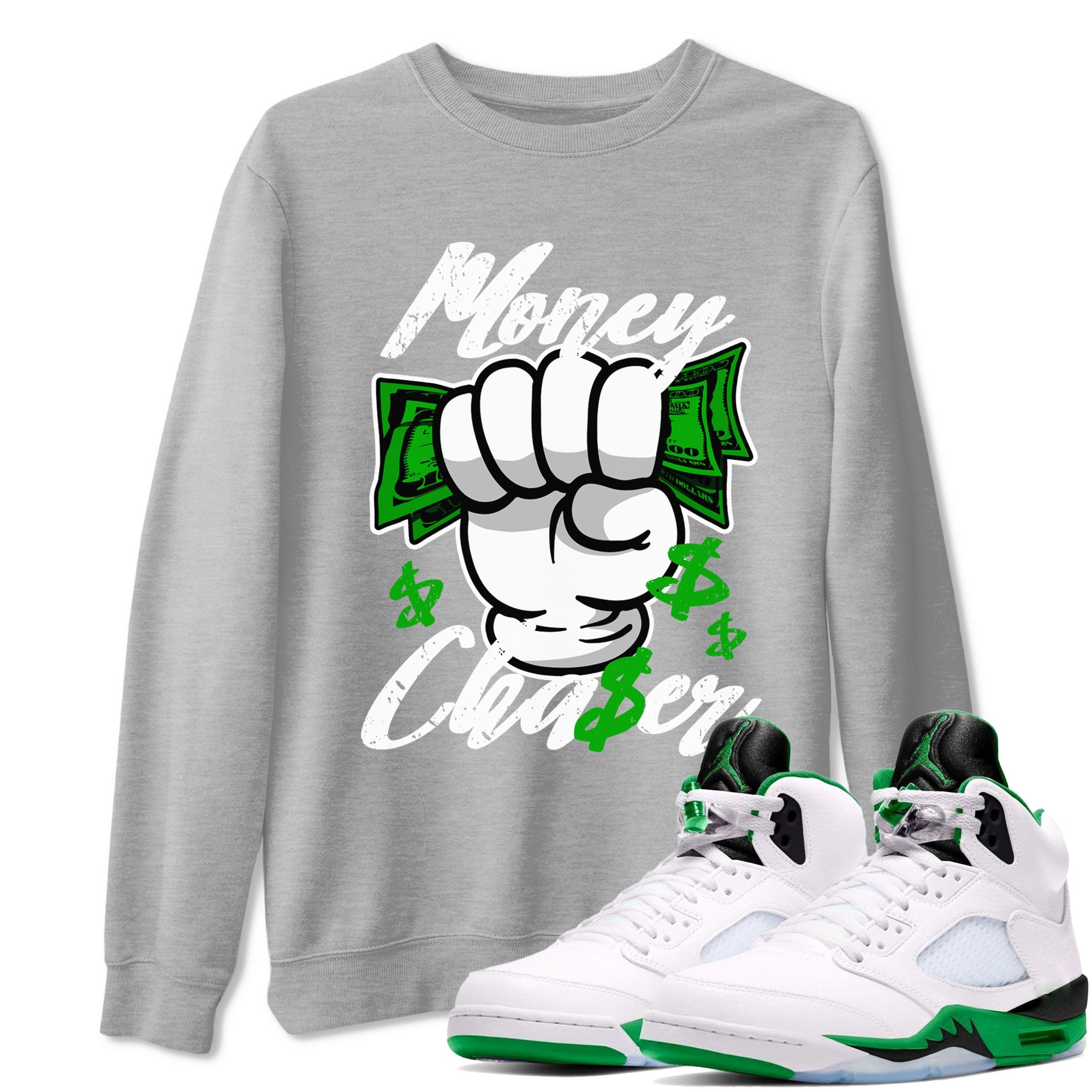 Air Jordan 5 Lucky Green sneaker shirt to match jordans Money Chaser sneaker tees AJ5 Lucky Green Drip Gear Zone Crew Neck Unisex Cotton Sneaker T-Shirt Heather Grey 1 T-Shirt