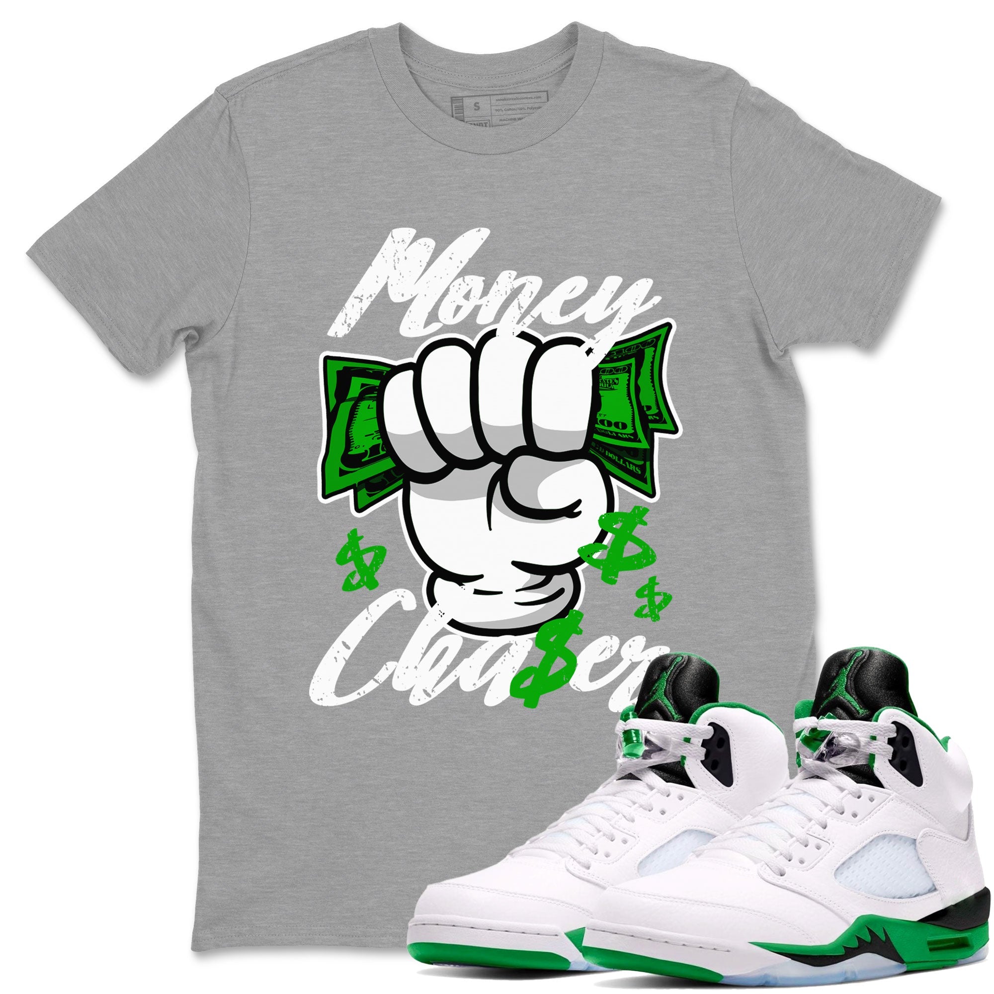 Air Jordan 5 Lucky Green sneaker shirt to match jordans Money Chaser sneaker tees AJ5 Lucky Green Drip Gear Zone Crew Neck Unisex Cotton Sneaker T-Shirt Heather Grey 1 T-Shirt