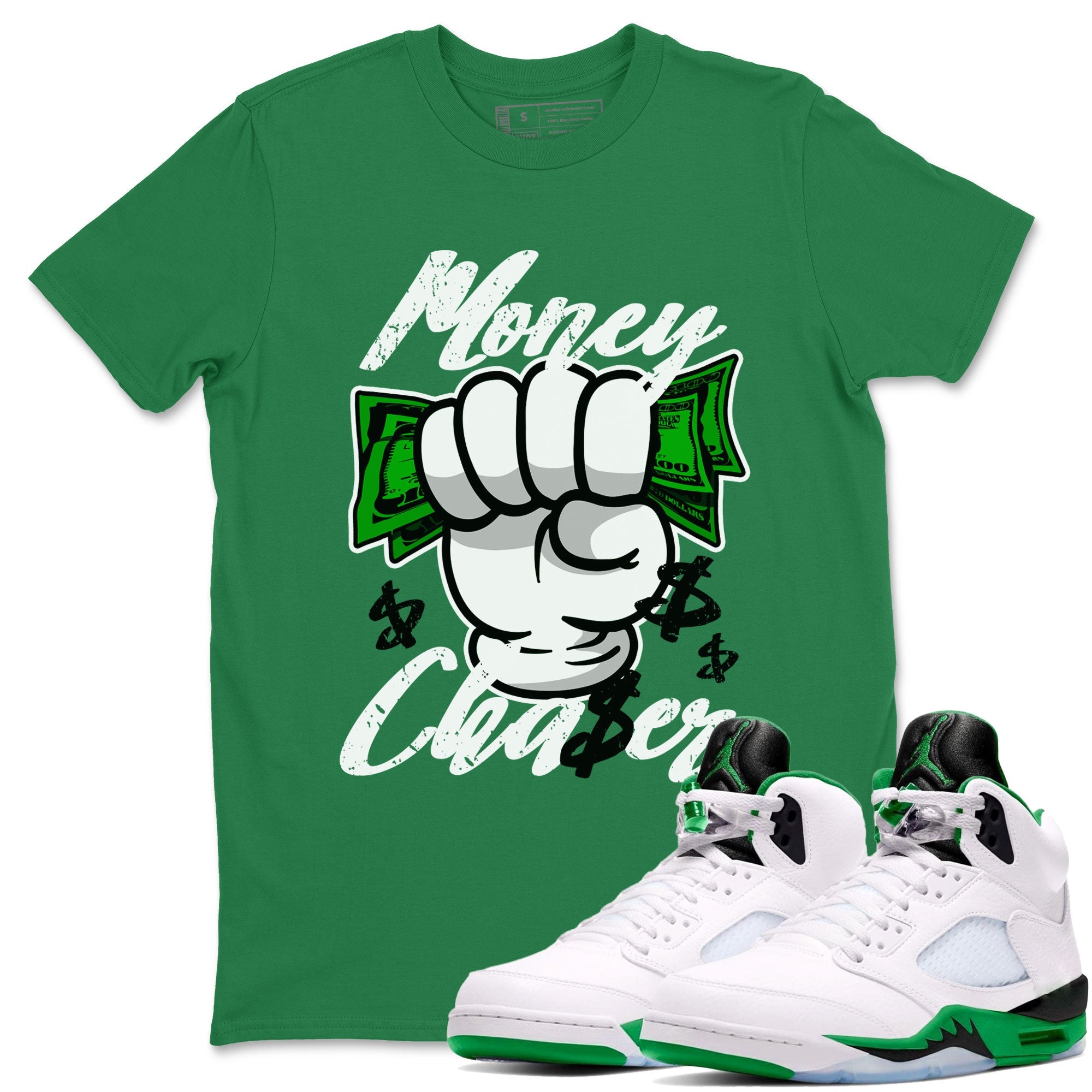 Air Jordan 5 Lucky Green sneaker shirt to match jordans Money Chaser sneaker tees AJ5 Lucky Green Drip Gear Zone Crew Neck Unisex Cotton Sneaker T-Shirt Kelly Green 1 T-Shirt