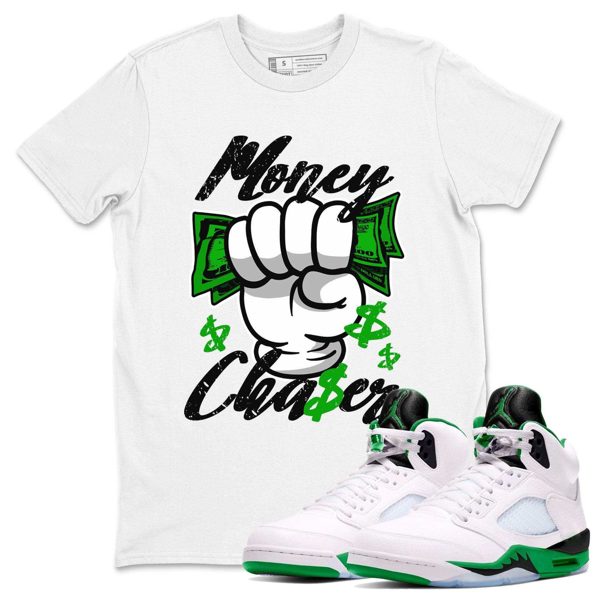 Air Jordan 5 Lucky Green sneaker shirt to match jordans Money Chaser sneaker tees AJ5 Lucky Green Drip Gear Zone Crew Neck Unisex Cotton Sneaker T-Shirt White 1 T-Shirt