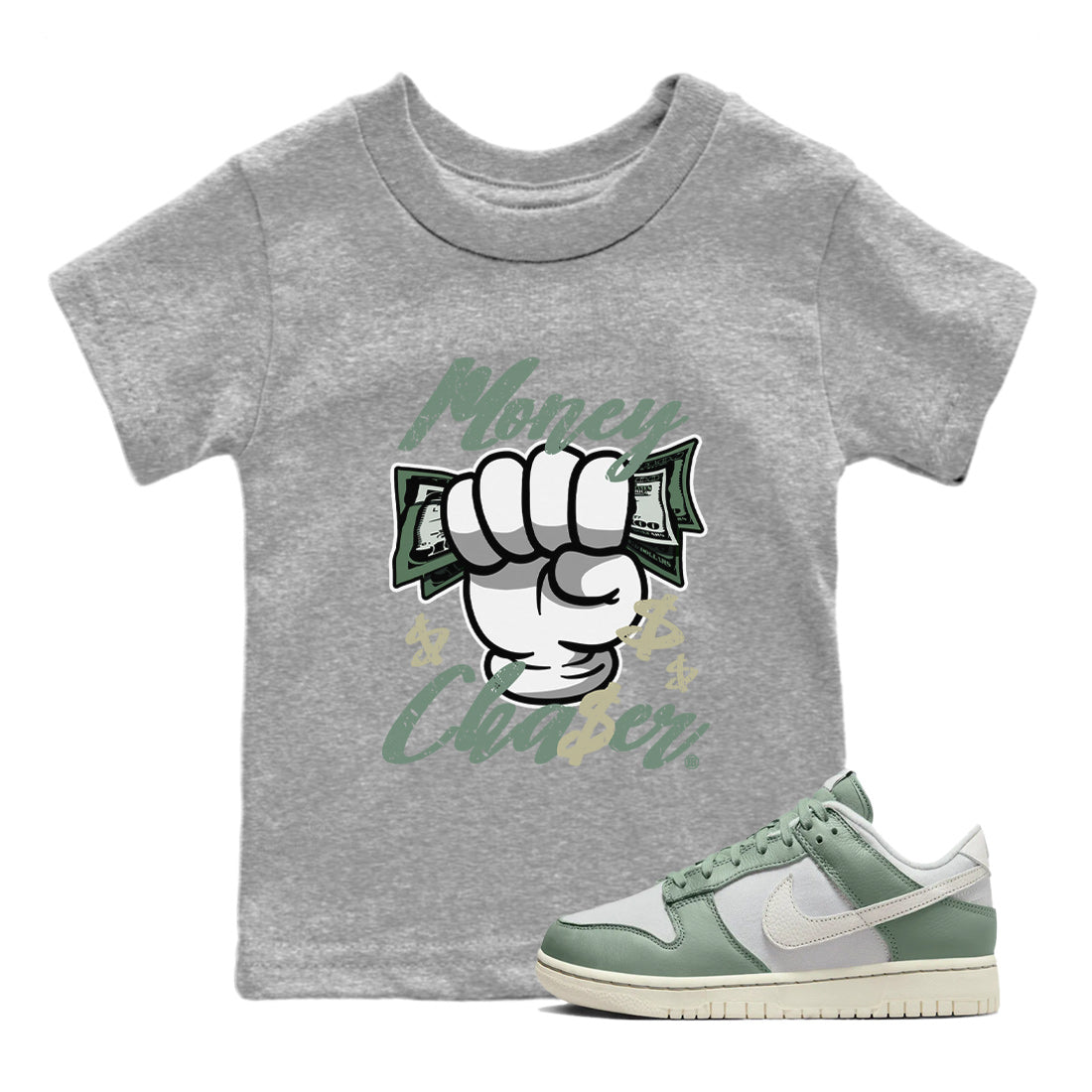 Dunk Low Mica Green Sneaker Match Tees Money Chaser Streetwear Sneaker Shirt Dunk Mica Green Sneaker Release Tees Kids Shirts Heather Grey 1