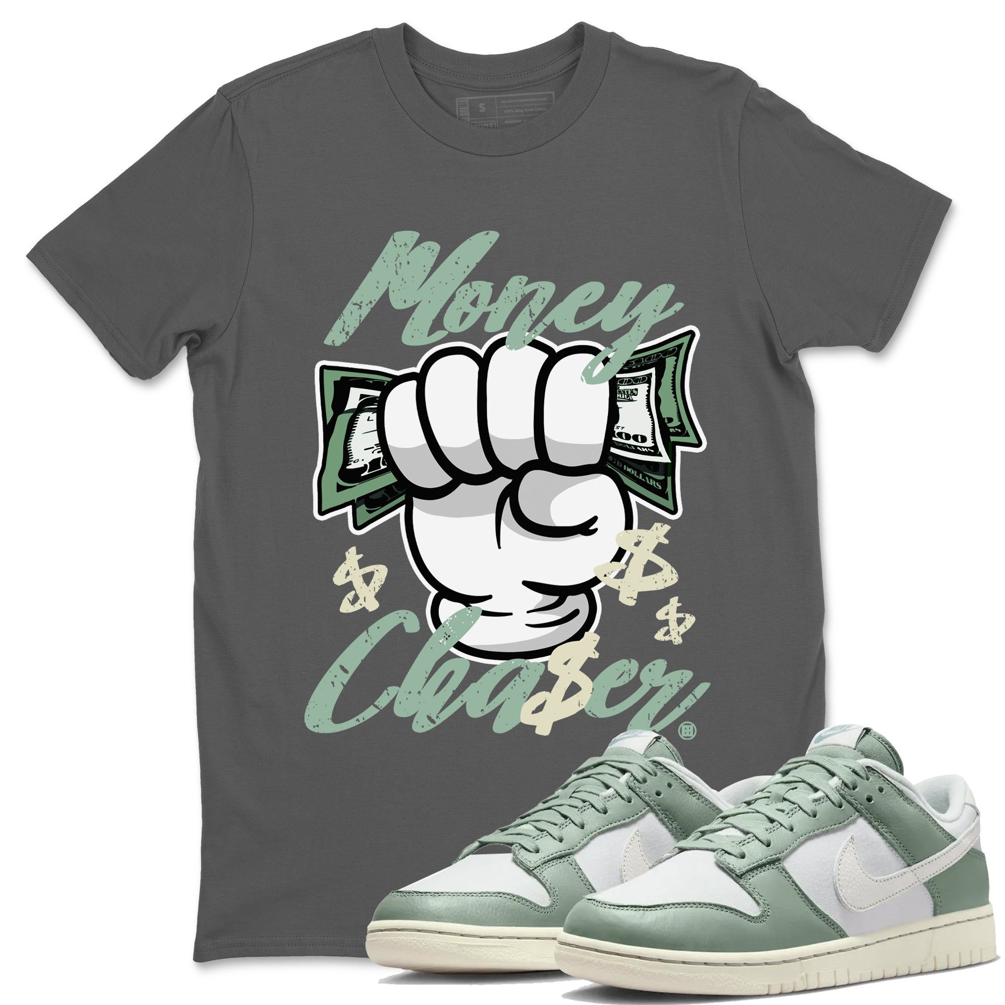 Dunk Low Mica Green Sneaker Match Tees Money Chaser Streetwear Sneaker Shirt Dunk Mica Green Sneaker Release Tees Unisex Shirts Cool Grey 1