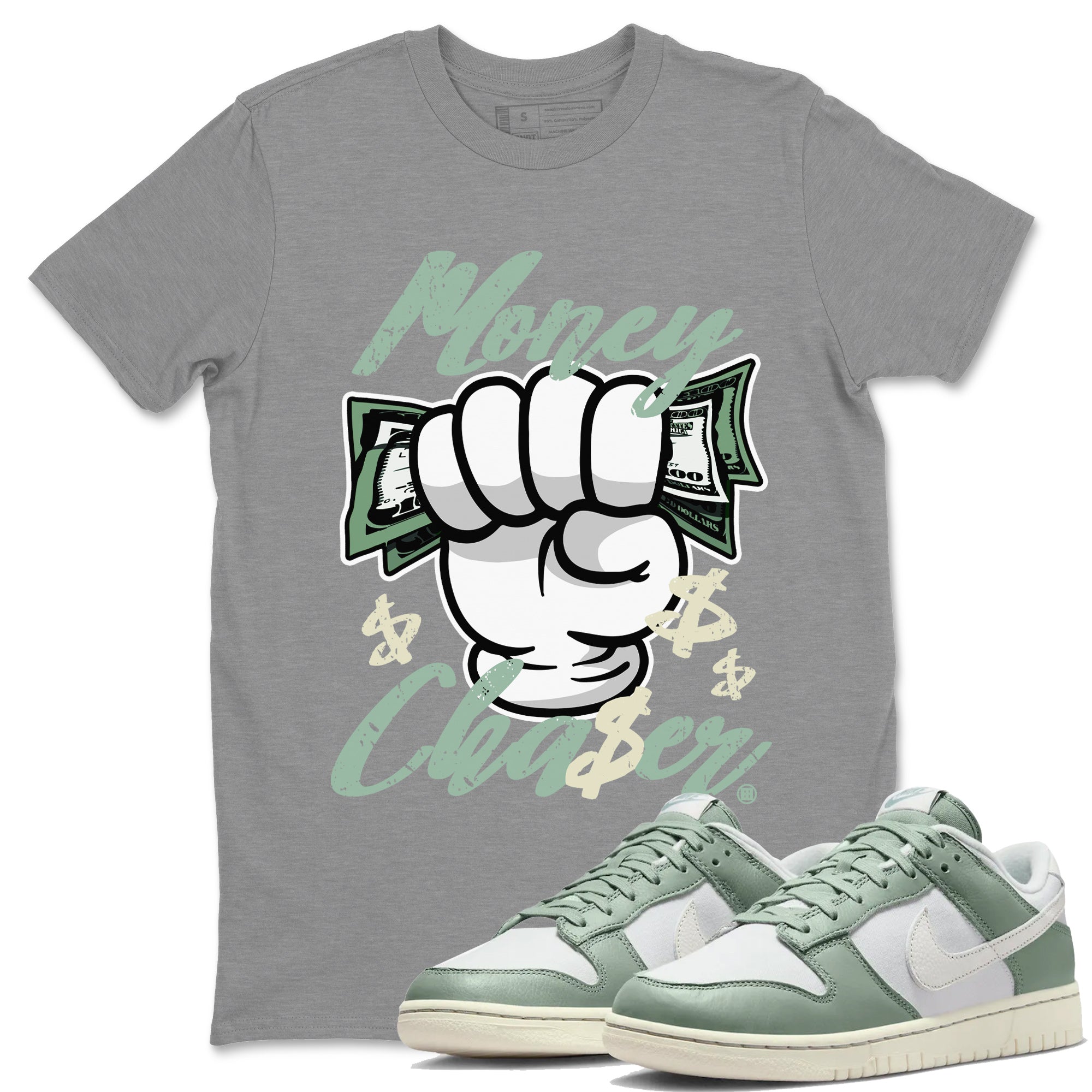 Dunk Low Mica Green Sneaker Match Tees Money Chaser Streetwear Sneaker Shirt Dunk Mica Green Sneaker Release Tees Unisex Shirts Heather Grey 1