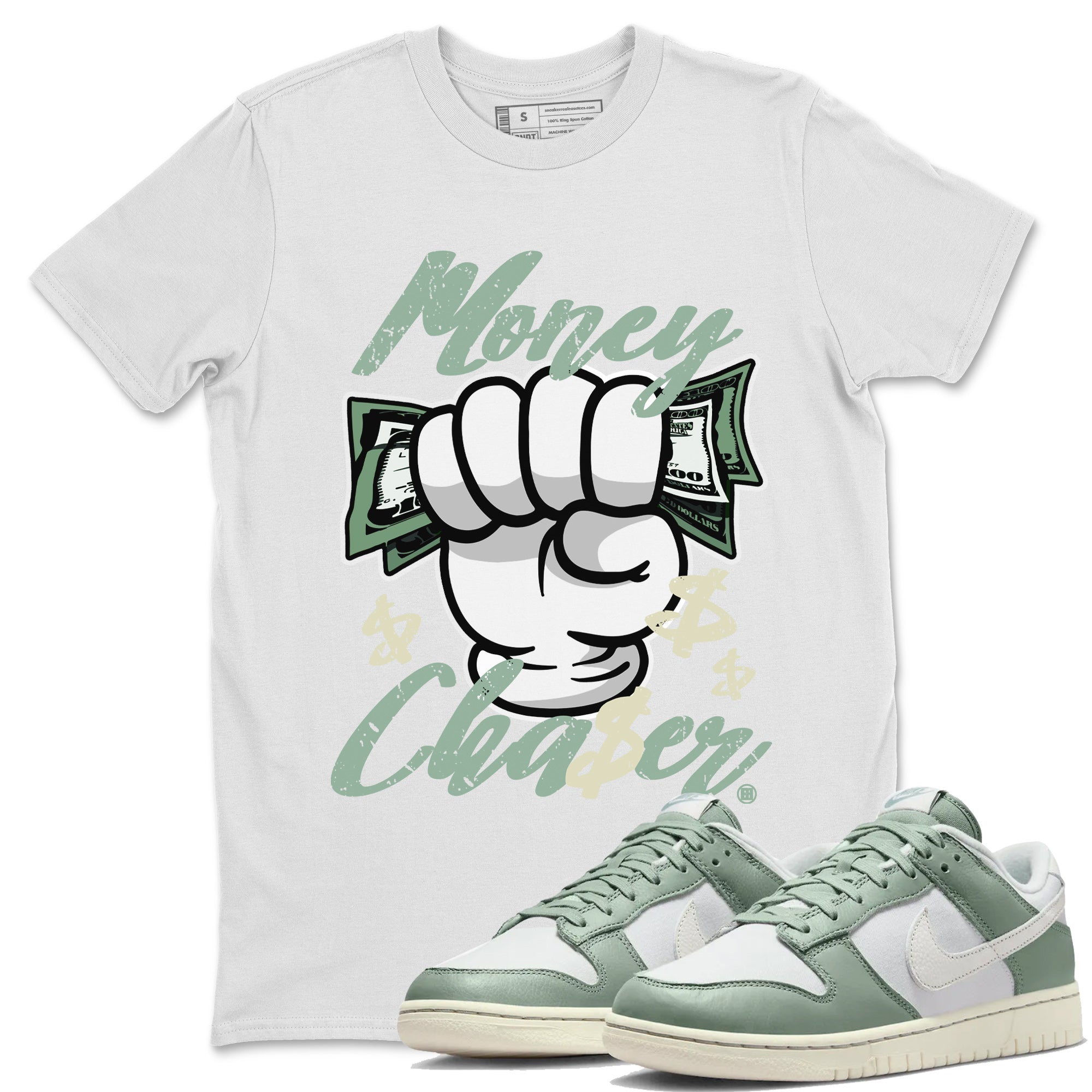 Dunk Low Mica Green Sneaker Match Tees Money Chaser Streetwear Sneaker Shirt Dunk Mica Green Sneaker Release Tees Unisex Shirts White 1