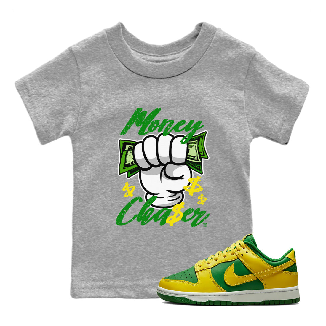 Dunk Reverse Brazil Sneaker Match Tees Money Chaser Streetwear Sneaker Shirt Dunk Low Reverse Brazil Sneaker Release Tees Kids Shirts Heather Grey 1