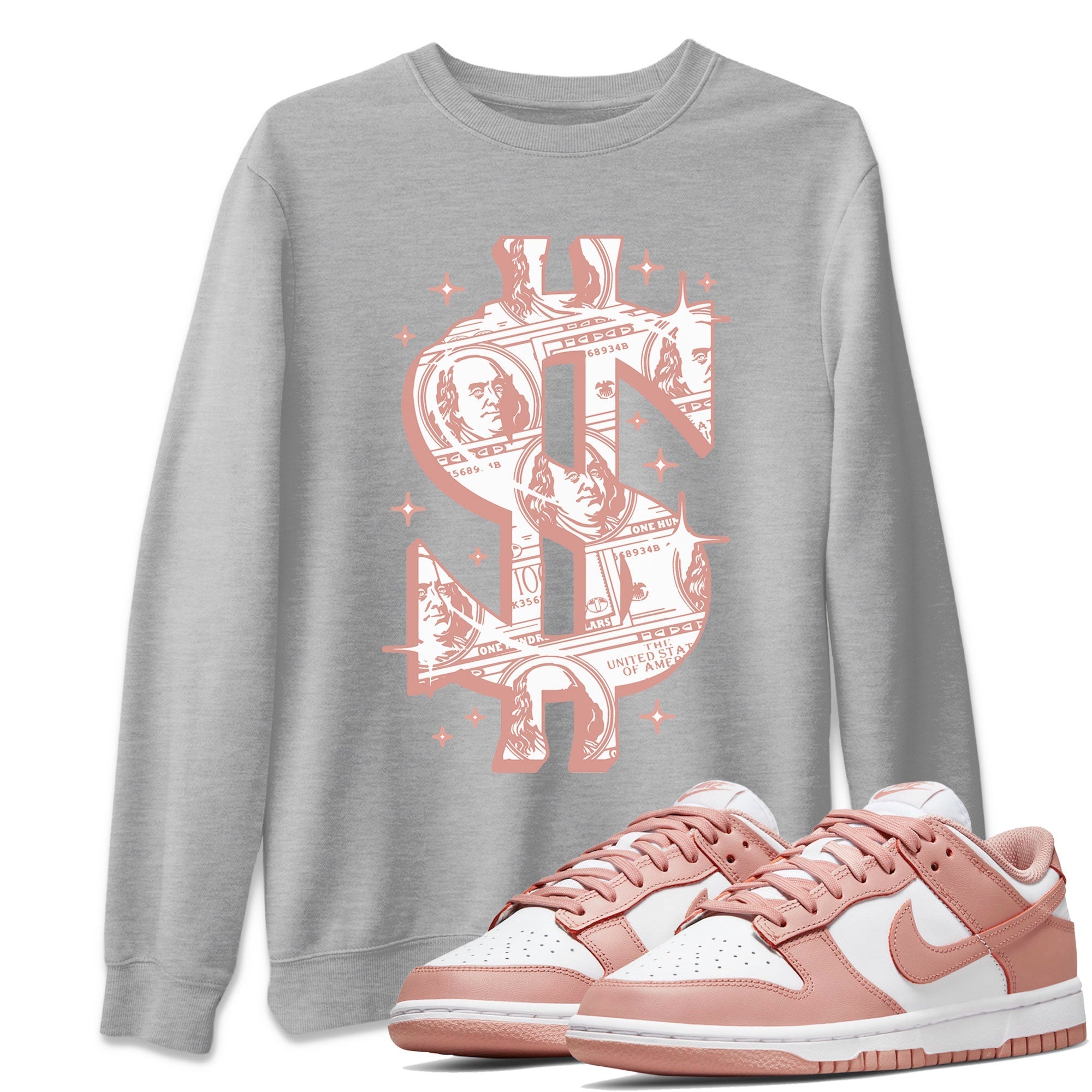 Dunk Low WMNS Rose Whisper shirt to match jordans Money Dollar Streetwear Sneaker Shirt Dunk Rose Whisper Drip Gear Zone Sneaker Matching Clothing Casual Unisex shirts Heather Grey 1 T-Shirt