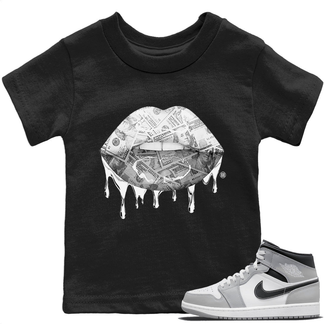 Jordan 1 Light Smoke Grey Sneaker Matching T-Shirt Money Lips Sneaker Tees Jordan 1 Light Smoke Grey Sneaker Release Tees Kids Shirts