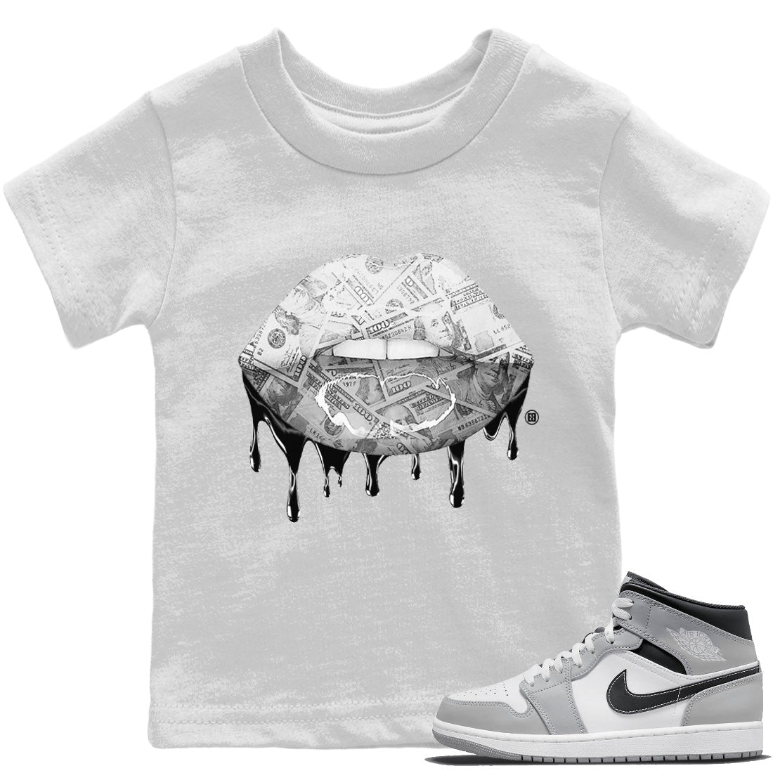 Jordan 1 Light Smoke Grey Sneaker Matching T-Shirt Money Lips Sneaker Tees Jordan 1 Light Smoke Grey Sneaker Release Tees Kids Shirts