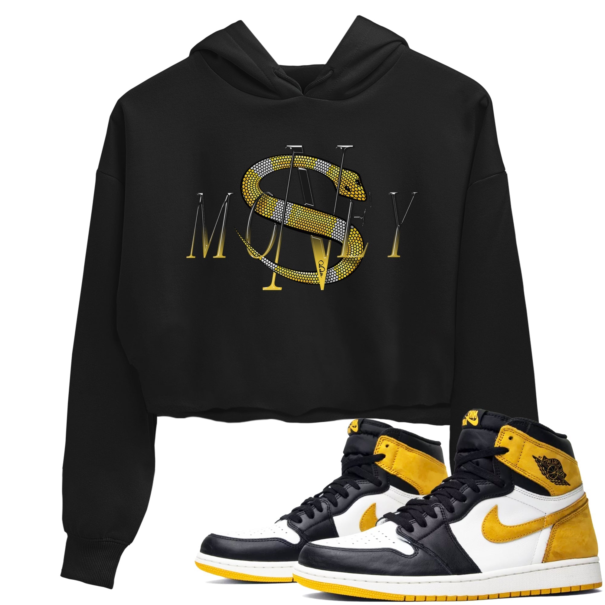 1s Yellow Ochre shirt to match jordans Money Snake sneaker tees streetwear brand Air Jordan 1 Yellow Ochre Drip Gear Zone Brand Black 1 crop length shirt