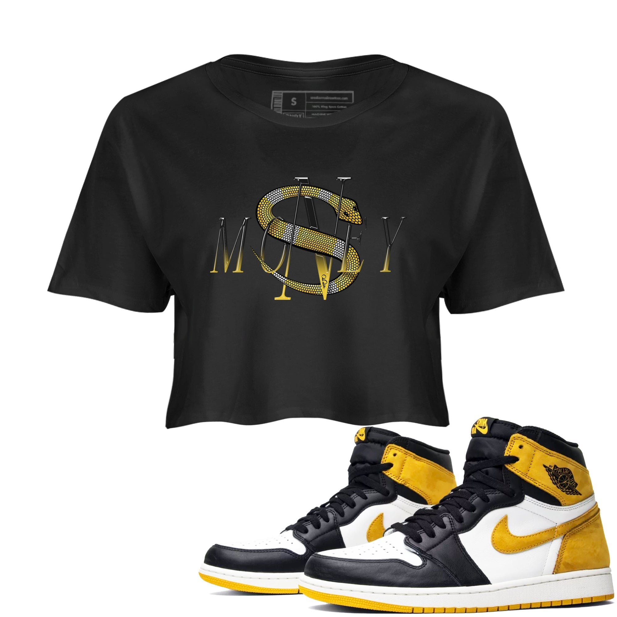 1s Yellow Ochre shirt to match jordans Money Snake sneaker tees streetwear brand Air Jordan 1 Yellow Ochre Drip Gear Zone Brand Black 1 crop length shirt