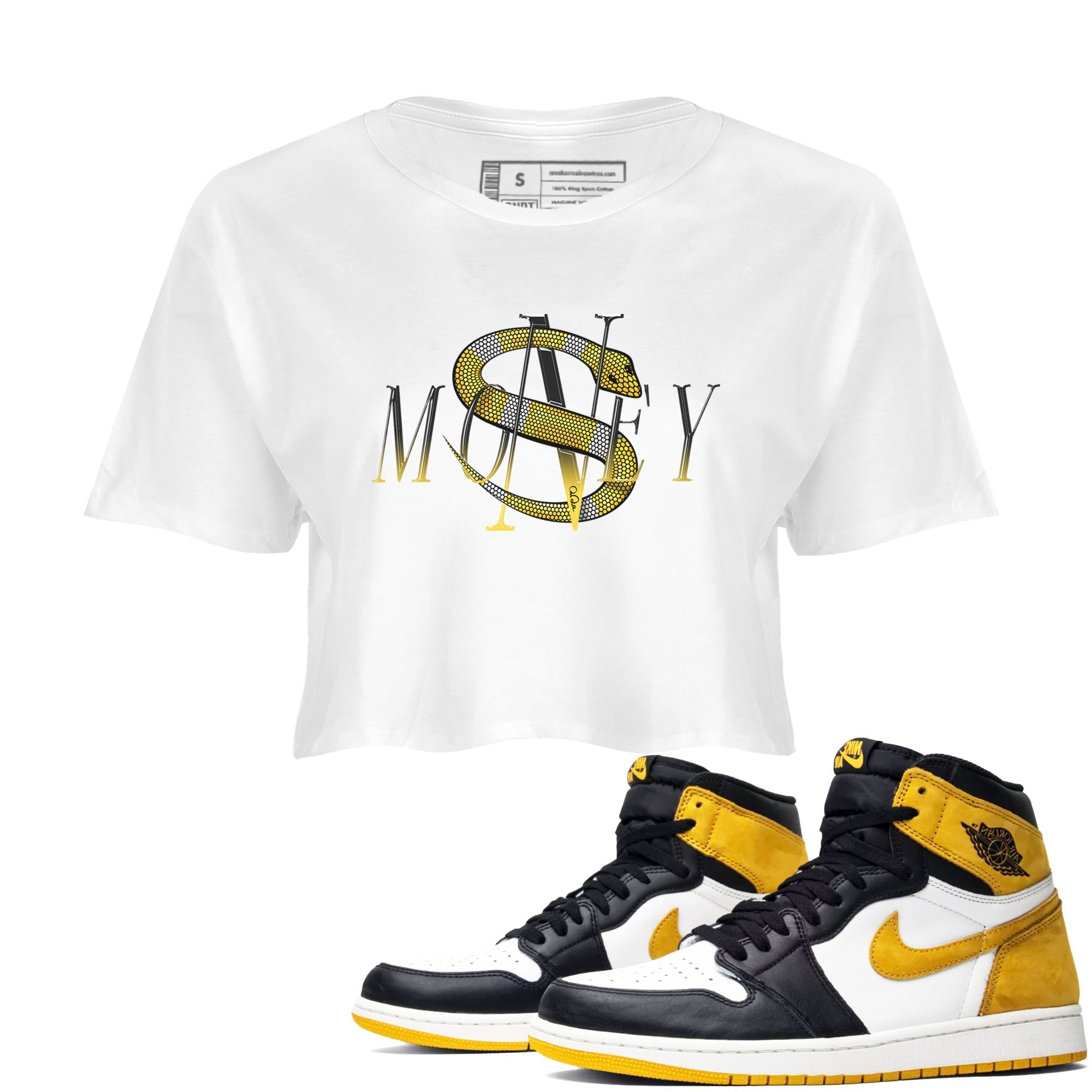 1s Yellow Ochre shirt to match jordans Money Snake sneaker tees streetwear brand Air Jordan 1 Yellow Ochre Drip Gear Zone Brand White 1 crop length shirt