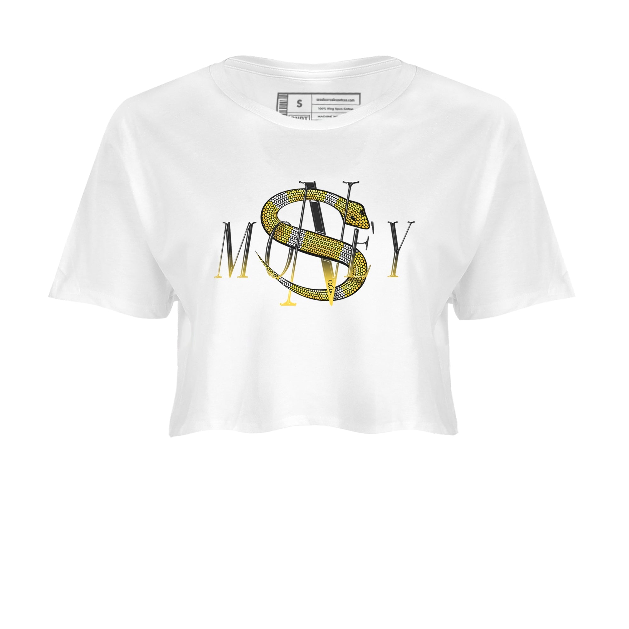 1s Yellow Ochre shirt to match jordans Money Snake sneaker tees streetwear brand Air Jordan 1 Yellow Ochre Drip Gear Zone Brand White 2 crop length shirt