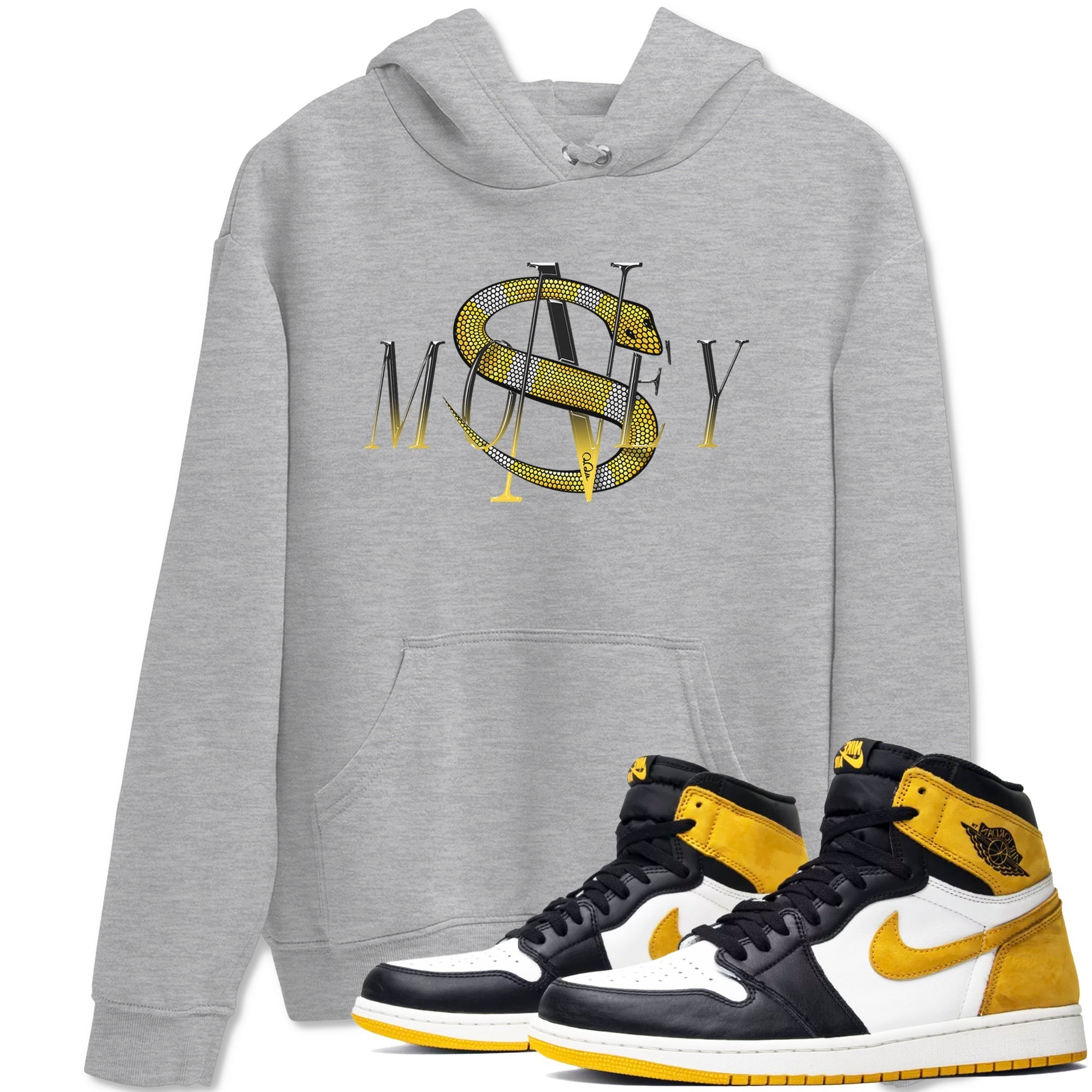 1s Yellow Ochre shirt to match jordans Money Snake sneaker tees streetwear brand Air Jordan 1 Yellow Ochre Drip Gear Zone Brand unisex cotton Heather Grey 1 crew neck shirt