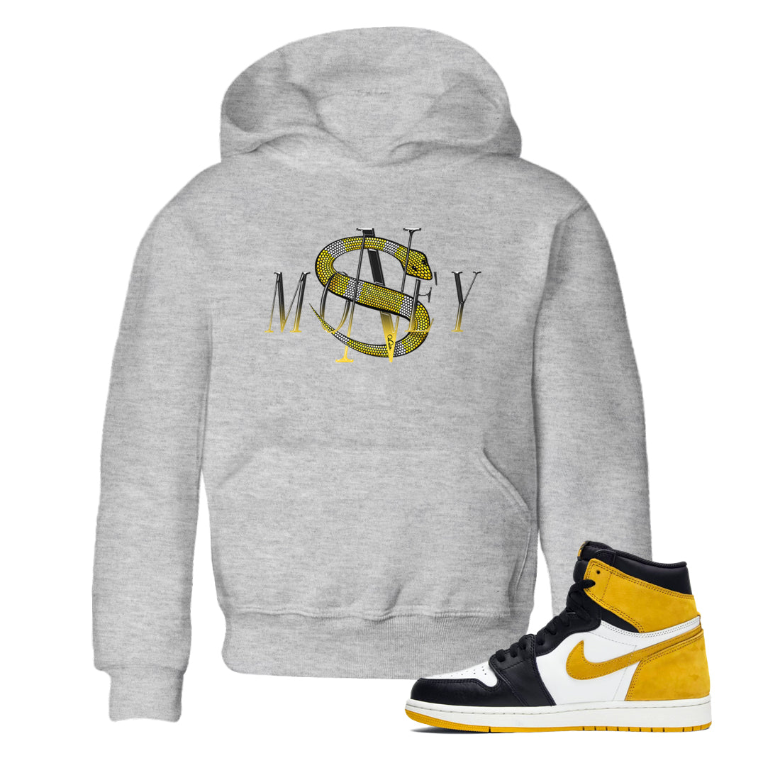 1s Yellow Ochre shirt to match jordans Money Snake sneaker tees streetwear brand Air Jordan 1 Yellow Ochre Drip Gear Zone Brand baby toddler Heather Grey 1 cotton Shirt