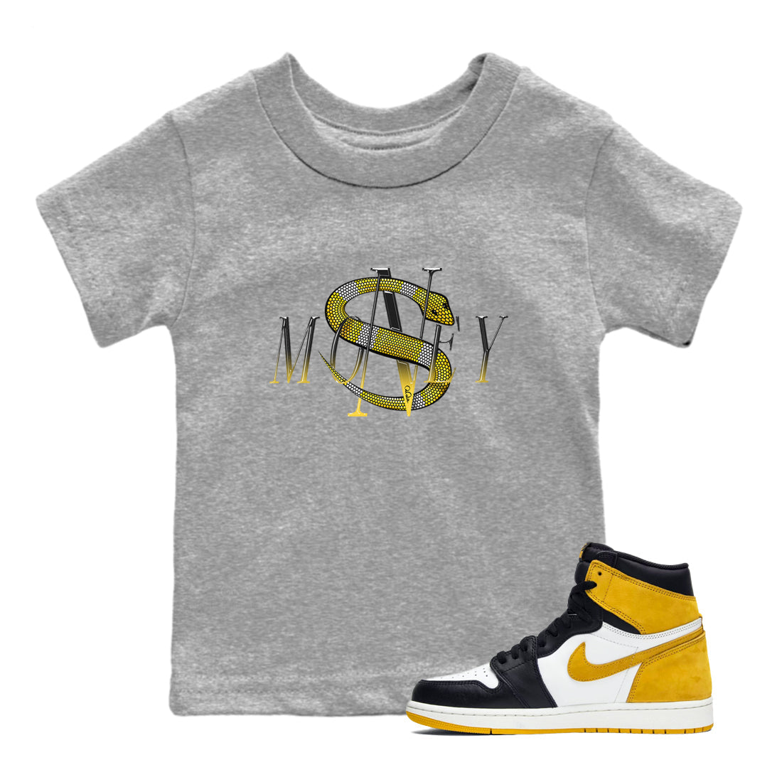 1s Yellow Ochre shirt to match jordans Money Snake sneaker tees streetwear brand Air Jordan 1 Yellow Ochre Drip Gear Zone Brand baby toddler Heather Grey 1 cotton Shirt
