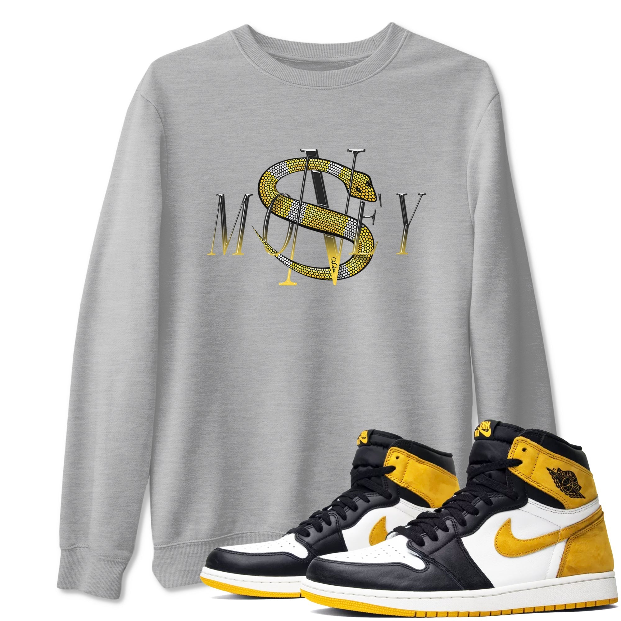 1s Yellow Ochre shirt to match jordans Money Snake sneaker tees streetwear brand Air Jordan 1 Yellow Ochre Drip Gear Zone Brand unisex cotton Heather Grey 1 crew neck shirt