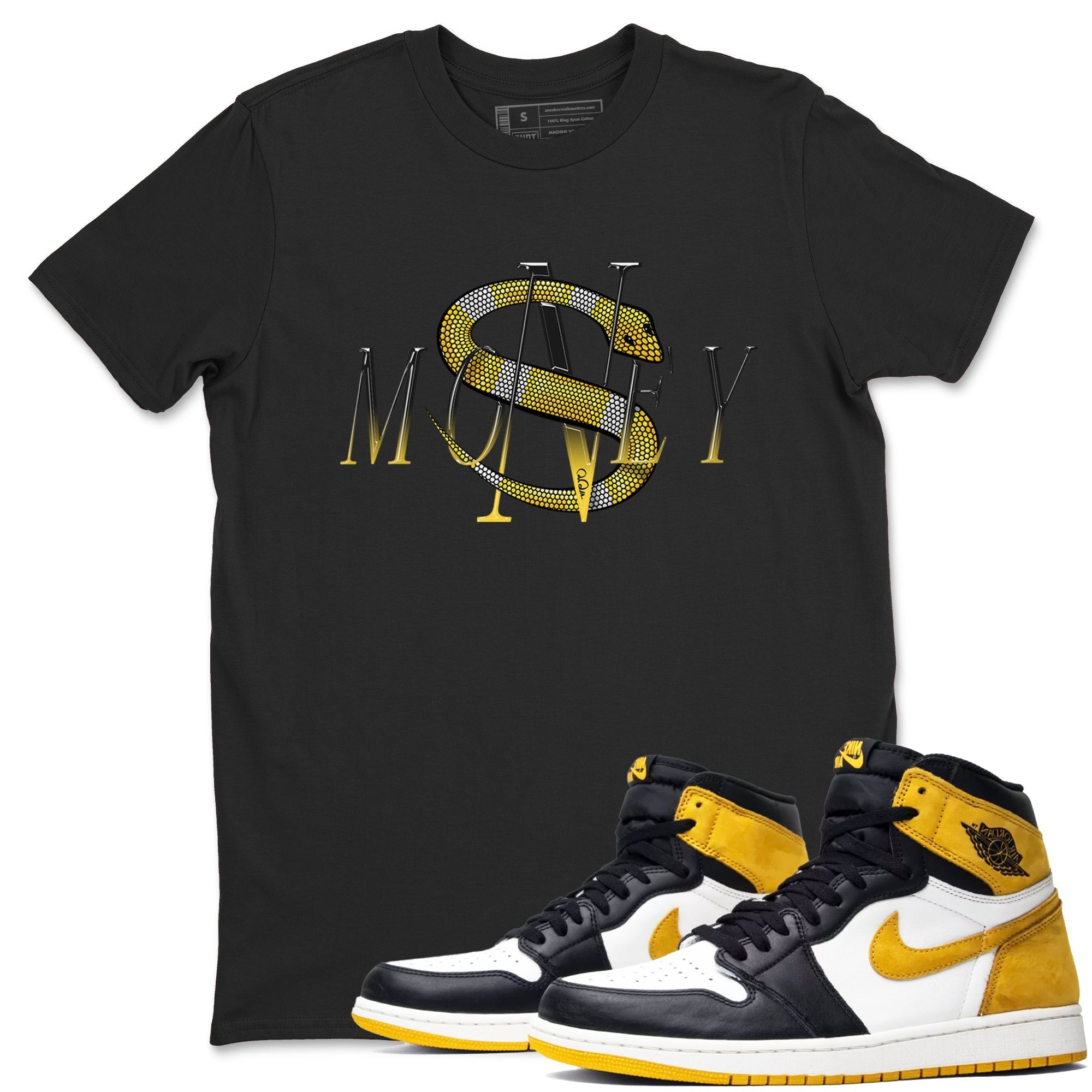 1s Yellow Ochre shirt to match jordans Money Snake sneaker tees streetwear brand Air Jordan 1 Yellow Ochre Drip Gear Zone Brand unisex cotton Black 1 crew neck shirt
