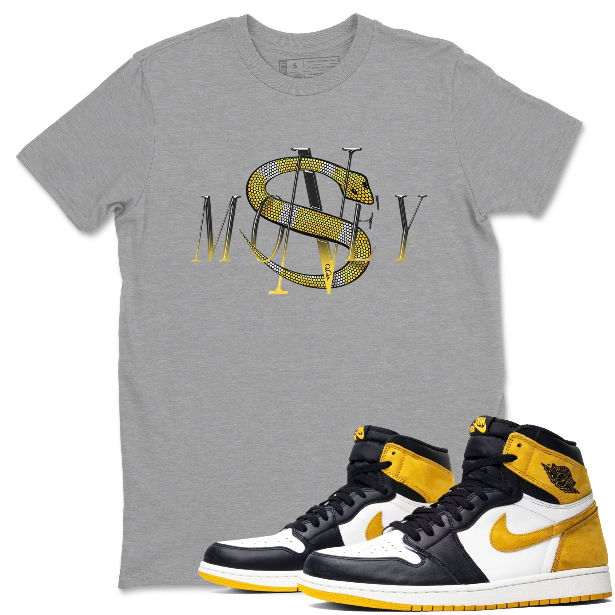 1s Yellow Ochre shirt to match jordans Money Snake sneaker tees streetwear brand Air Jordan 1 Yellow Ochre Drip Gear Zone Brand unisex cotton Heather Grey 1 crew neck shirt