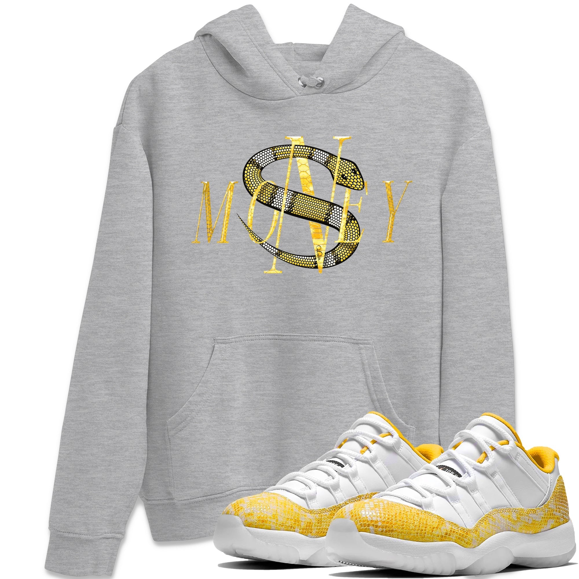 Air Jordan 11 Yellow Python Sneaker Match Tees Money Snake Streetwear Sneaker Shirt AJ11 Yellow Python Sneaker Release Tees Unisex Shirts Heather Grey 1