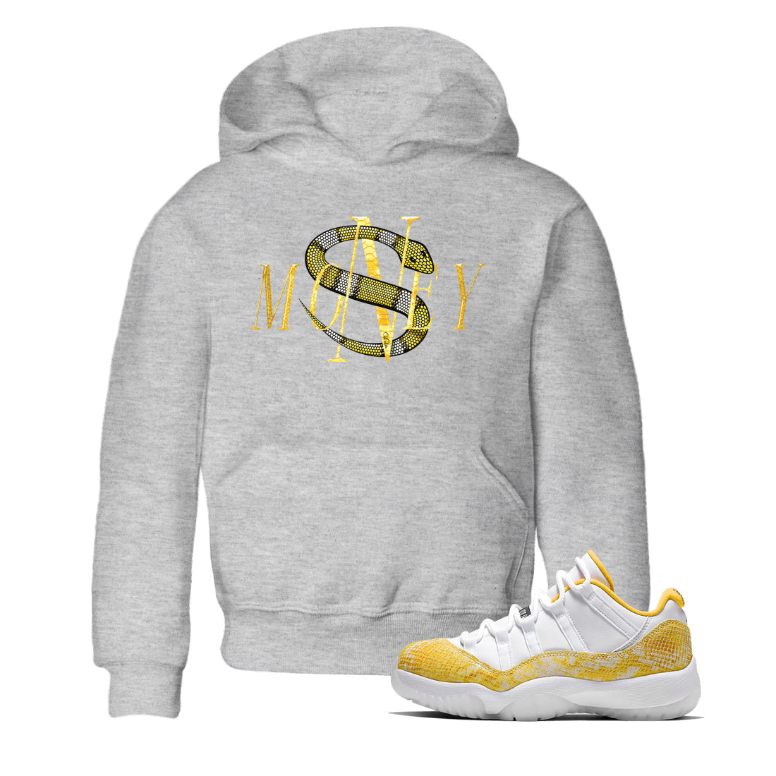 Air Jordan 11 Yellow Python Sneaker Match Tees Money Snake Streetwear Sneaker Shirt AJ11 Yellow Python Sneaker Release Tees Kids Shirts Heather Grey 1