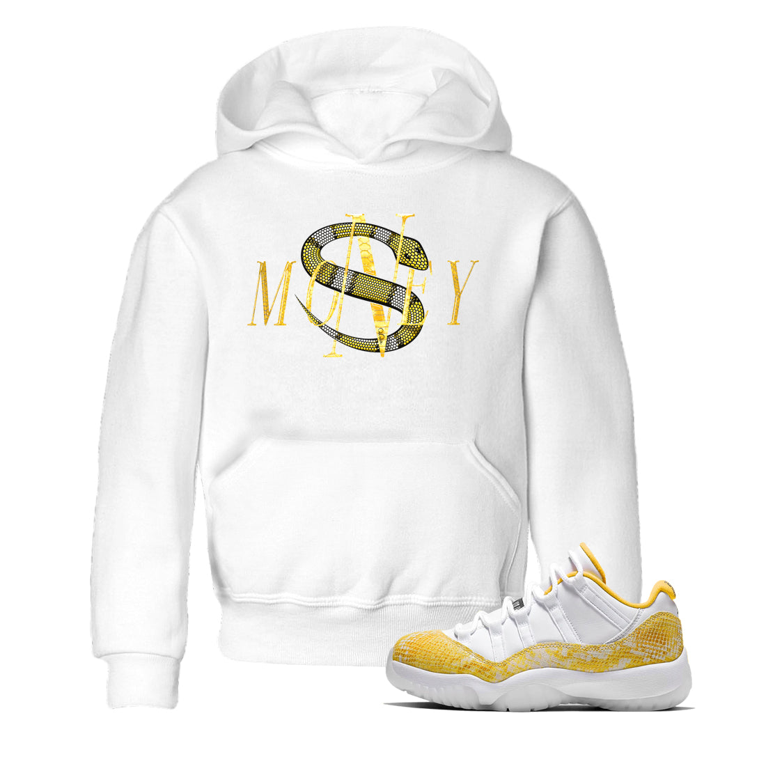Air Jordan 11 Yellow Python Sneaker Match Tees Money Snake Streetwear Sneaker Shirt AJ11 Yellow Python Sneaker Release Tees Kids Shirts White 1