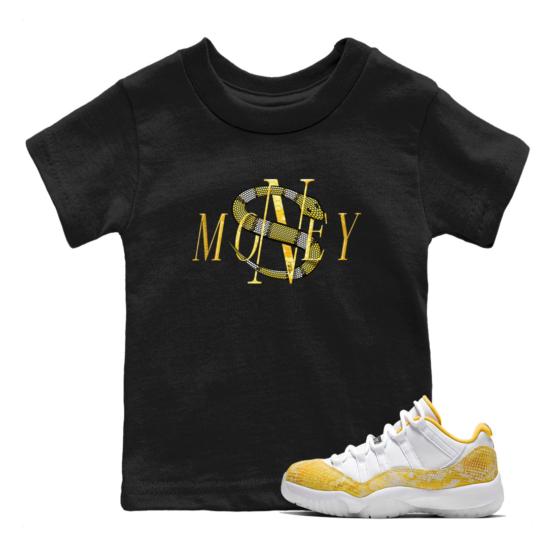 Air Jordan 11 Yellow Python Sneaker Match Tees Money Snake Streetwear Sneaker Shirt AJ11 Yellow Python Sneaker Release Tees Kids Shirts Black 1
