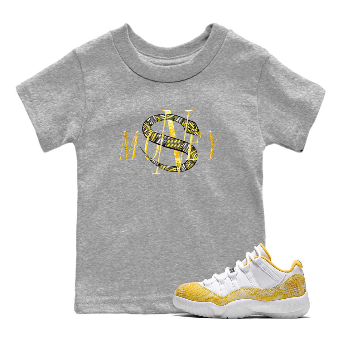 Air Jordan 11 Yellow Python Sneaker Match Tees Money Snake Streetwear Sneaker Shirt AJ11 Yellow Python Sneaker Release Tees Kids Shirts Heather Grey 1