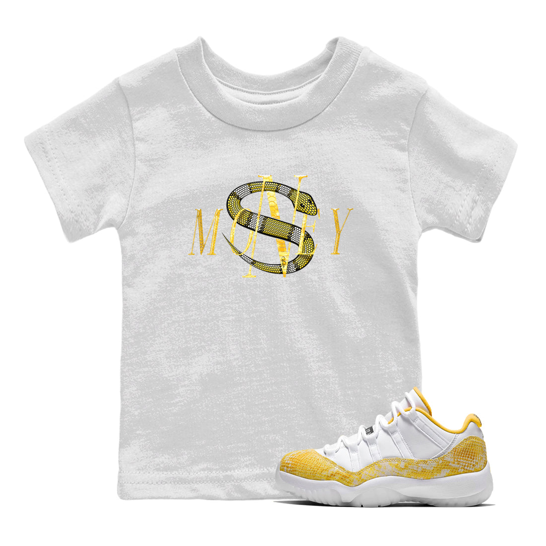 Air Jordan 11 Yellow Python Sneaker Match Tees Money Snake Streetwear Sneaker Shirt AJ11 Yellow Python Sneaker Release Tees Kids Shirts White 1